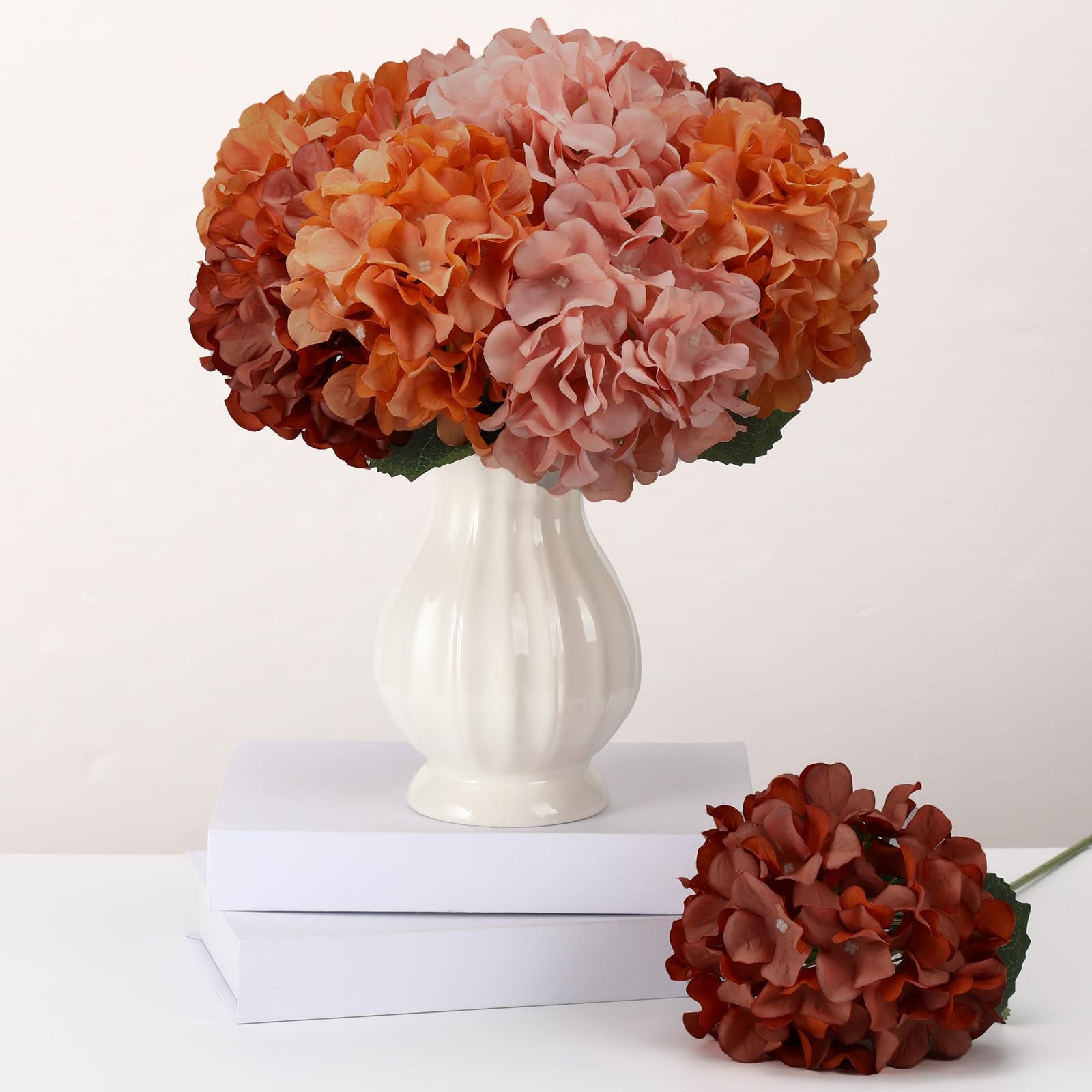 9 Pcs Burnt Orange Fall Hydrangea Artificial Flowers 23.6″ Vintage Faux Silk …