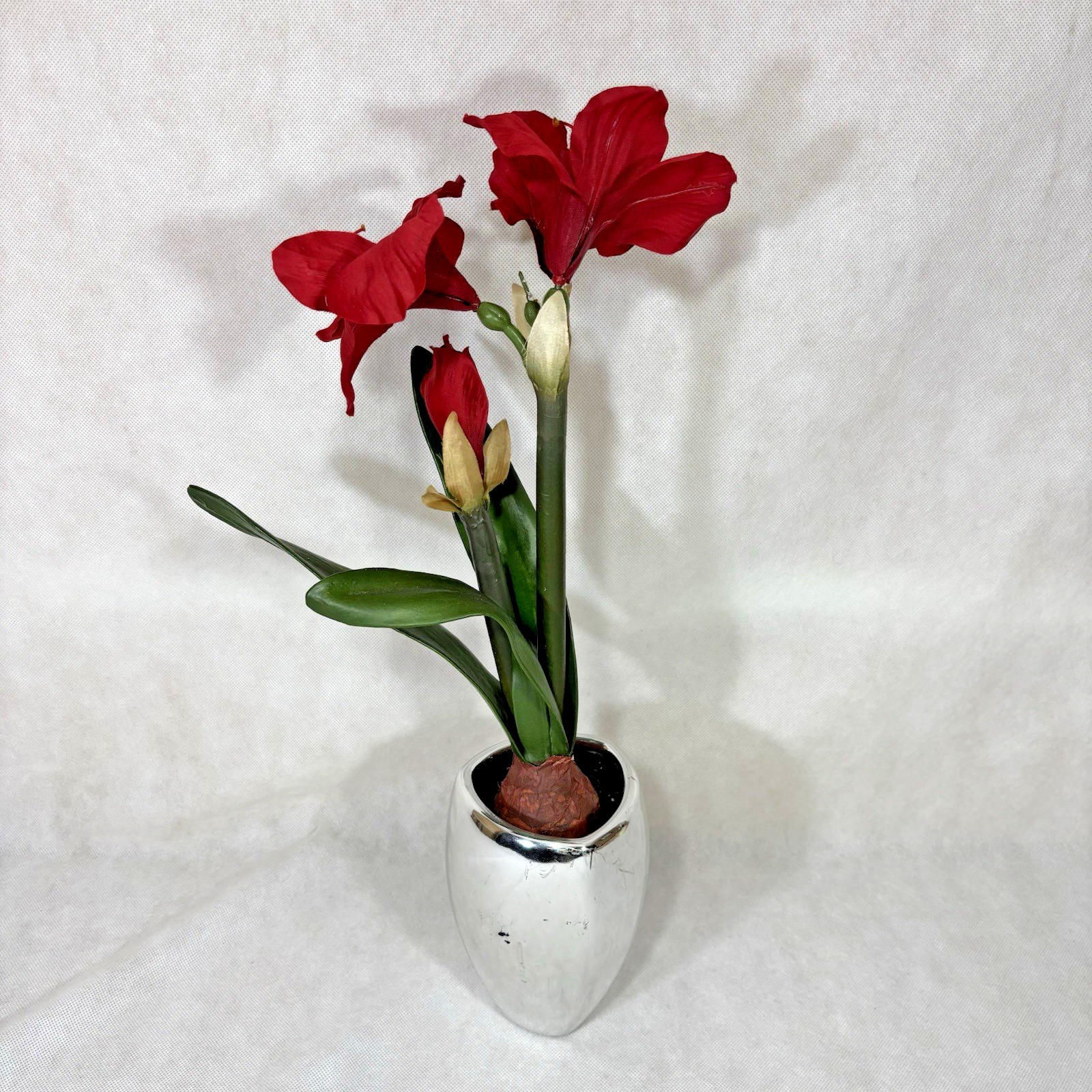 Metallic Chrome Ceramic 7″ Planter Vase w/ Faux Flower Display Floral