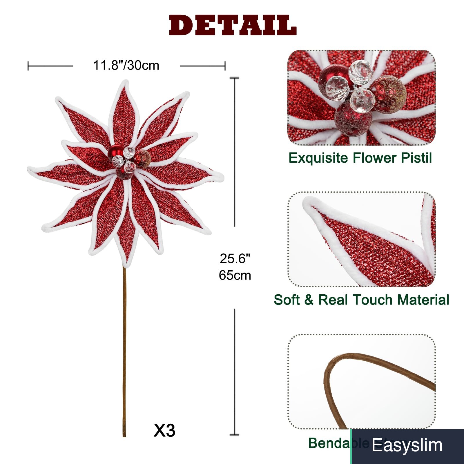 Red Poinsettia Artificial Flowers 3 Pack 25.6″ Stem Glitter Fabric