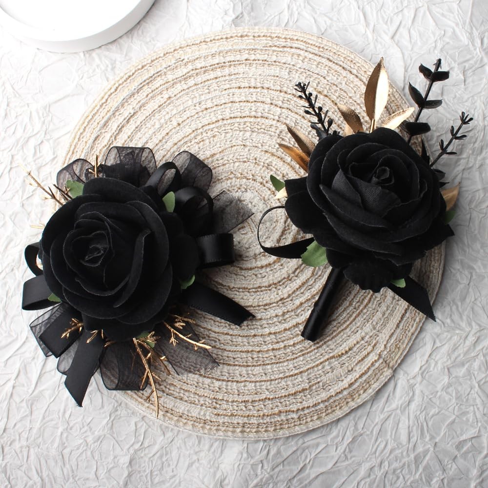 2 PCS Black Rose Wrist Corsage Wristlet Boutonniere Set Wedding Prom Flower