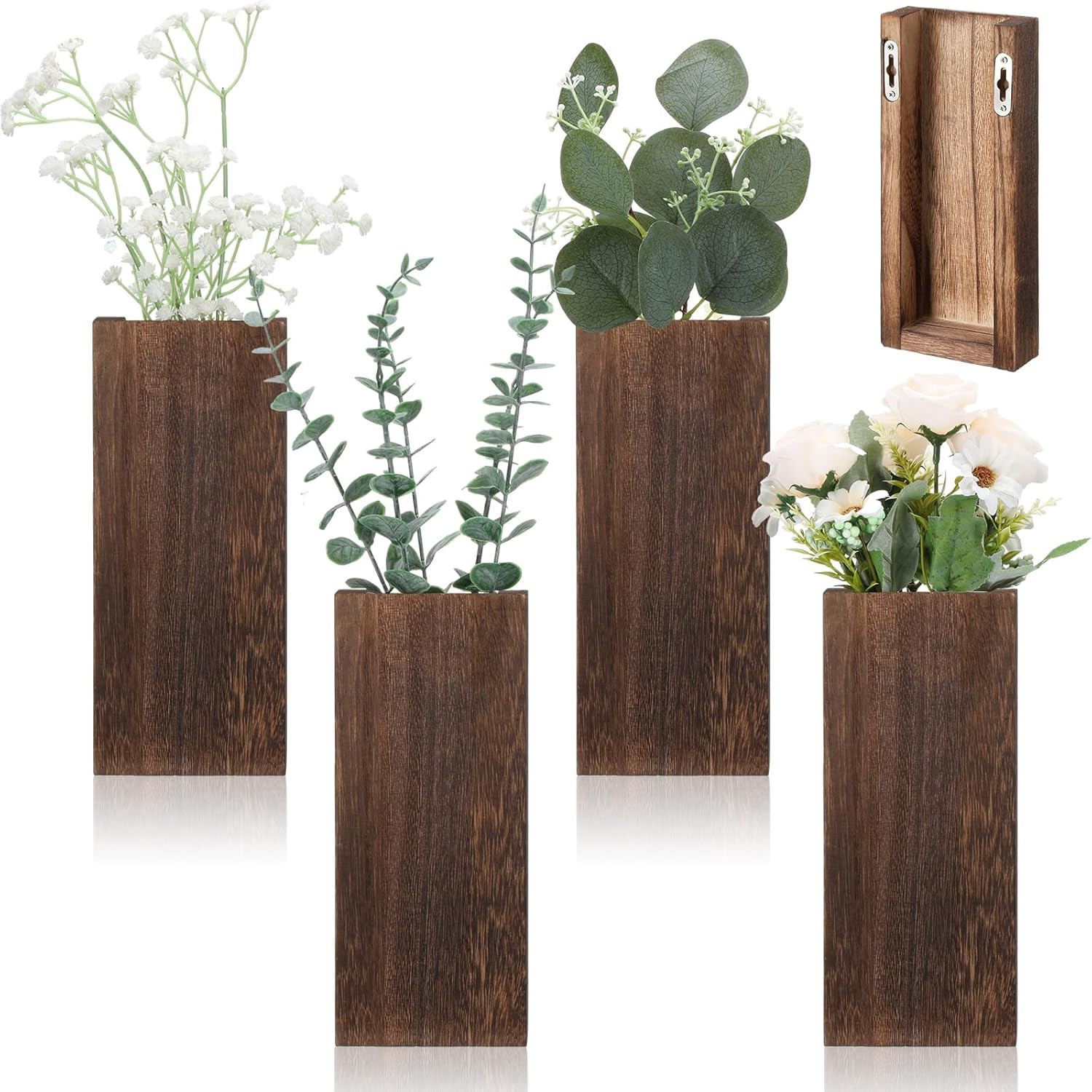 4 Pack Wood Wall Planter for Dried Flowers and Artificial Greenery Indoor Plants