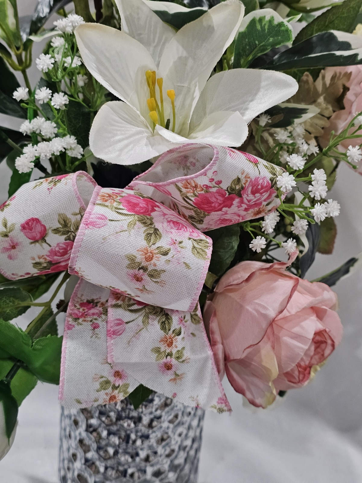 Pink Peoniesm, Roses and Lily Artificial Flowers with Baby Breath Accent