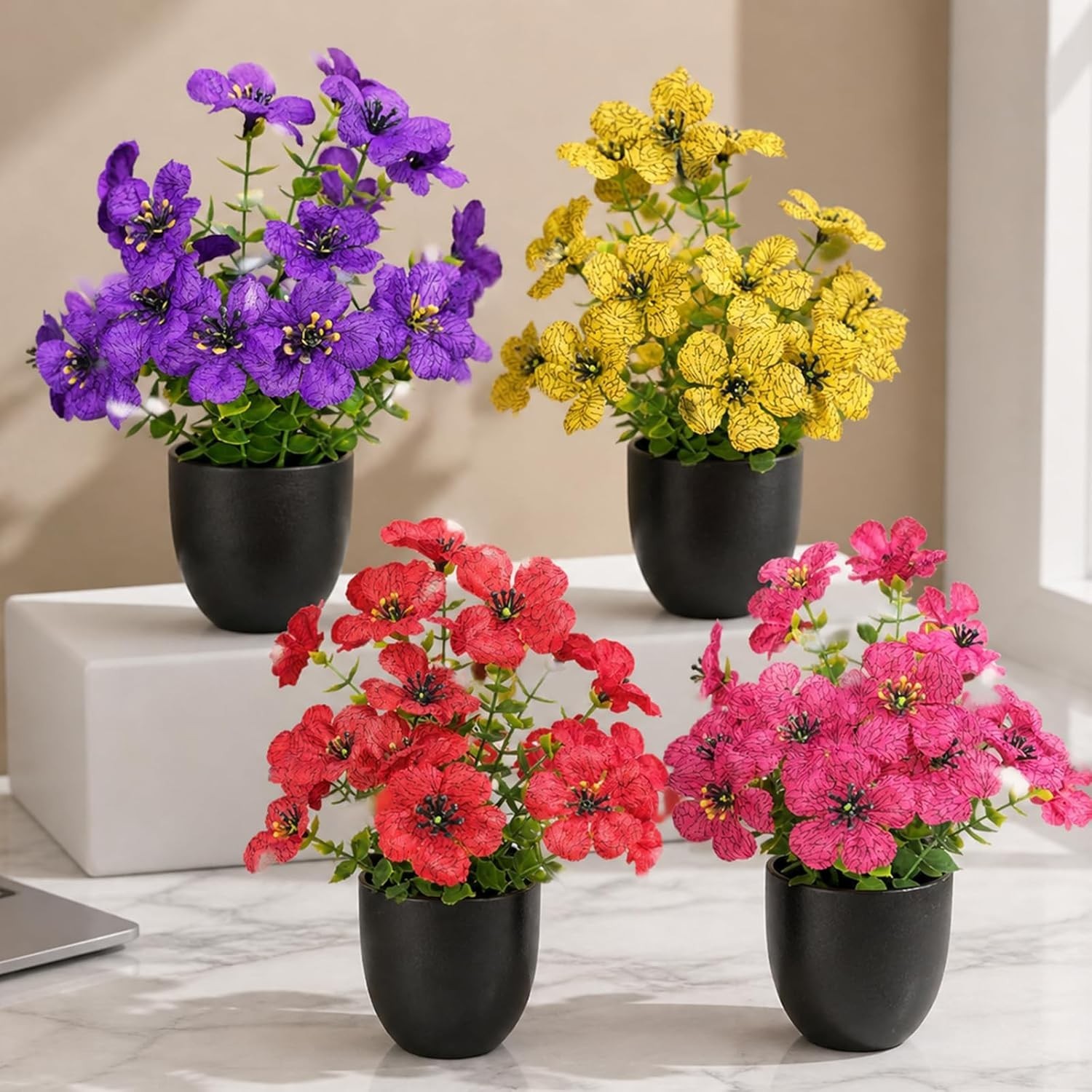Small Fake Plants 4 Packs Artificial Flowers in Pots Home Decor Fake Flowers
