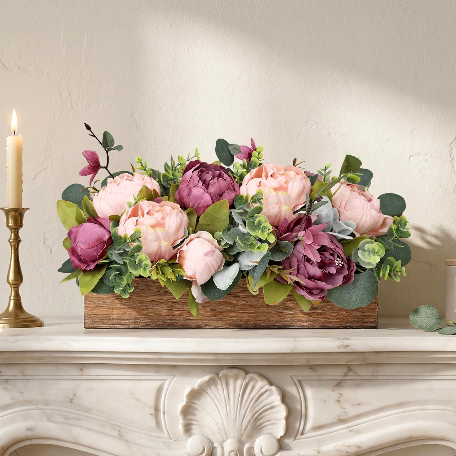 Dusty Mauve Pink Artificial Peony Fake Flower Wood Tray Table Centerpieces