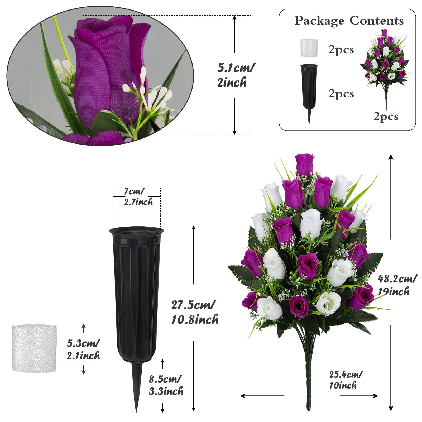 2 Sets Artificial Cemetery Flowers, Grave Decorations Roses, Memorial Flowers…