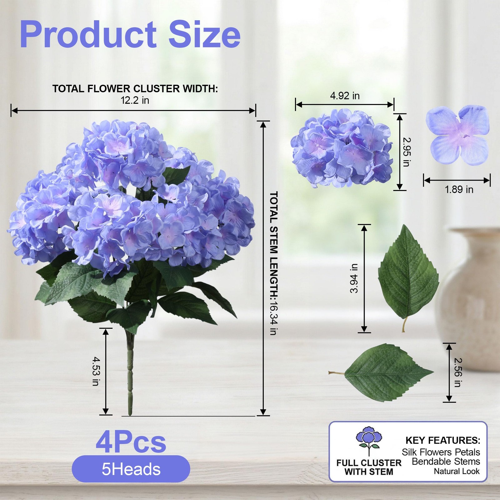 Artificial Flowers for Outdoors, 4 PCS Purple Blue Fake Silk Hydrangea Flower…