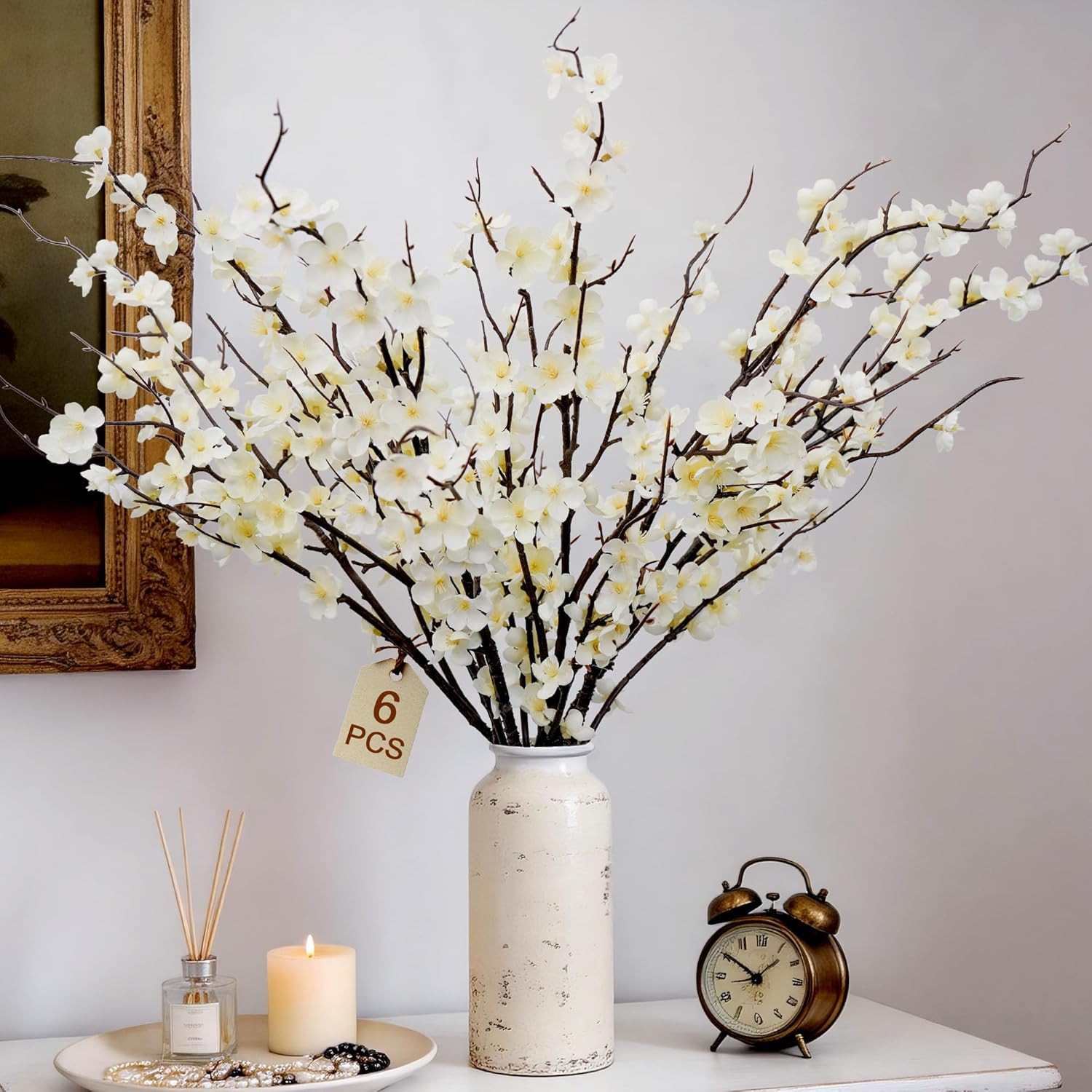 Cherry Blossom Branches Decor 39Inch 6Pc Artificial Flower Indoor Realistic | Wh
