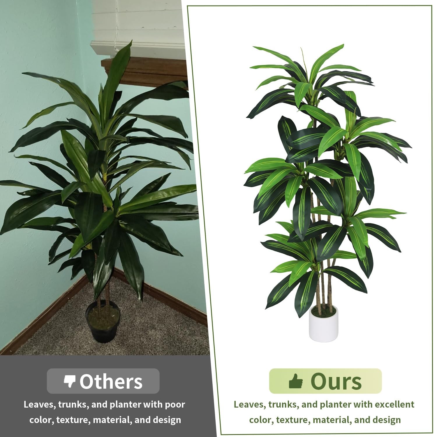 Artificial Dracaena Tree 5FT – Fake Plants with White Planter Faux Yucca Tall