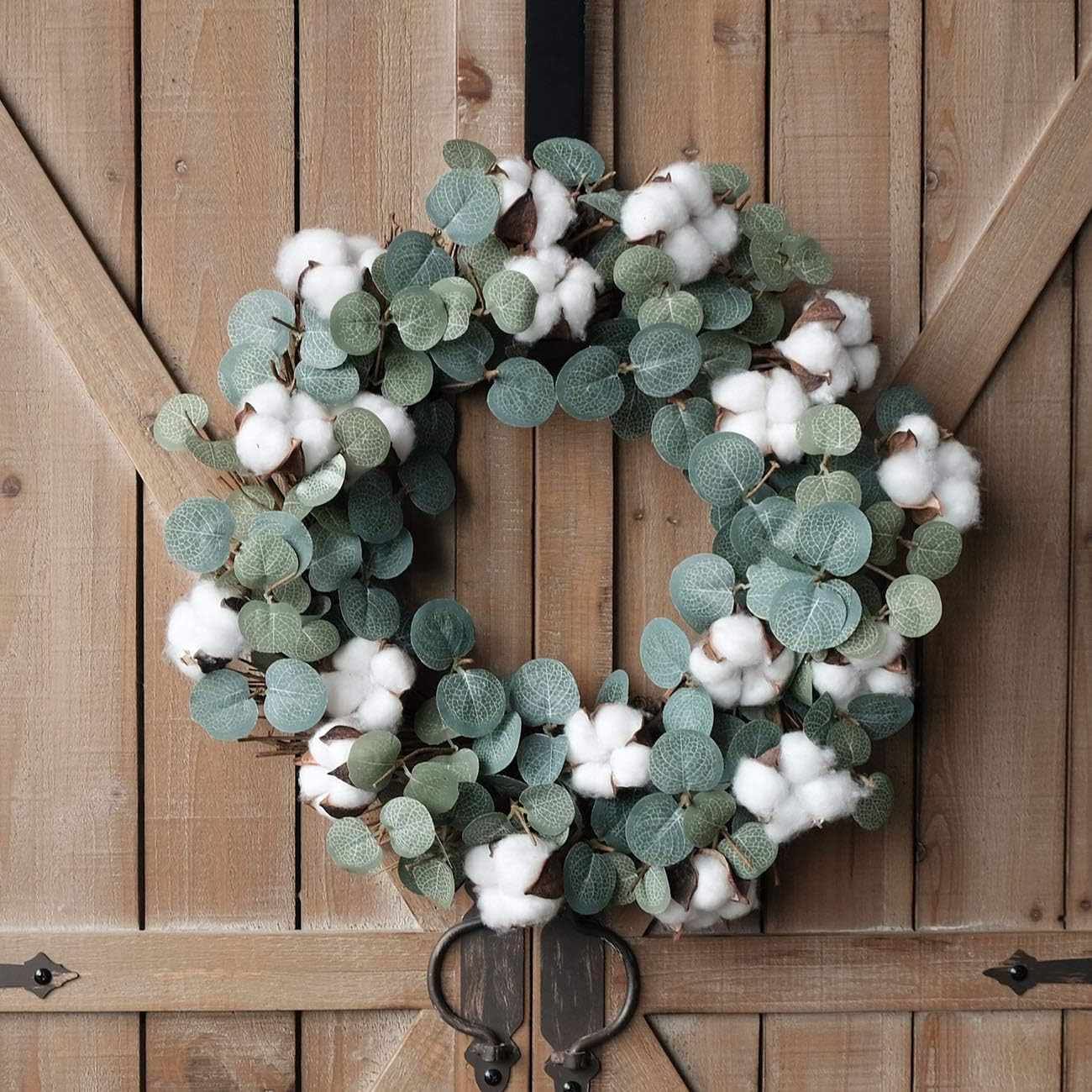 Eucalyptus and Cotton Wreath, 14 Inches Artificial Wreath on a Natural Twig Base