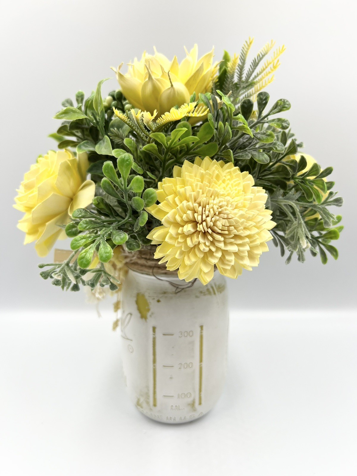Yellow Sola Wood Flower Arrangement In Ball Canning Jar
