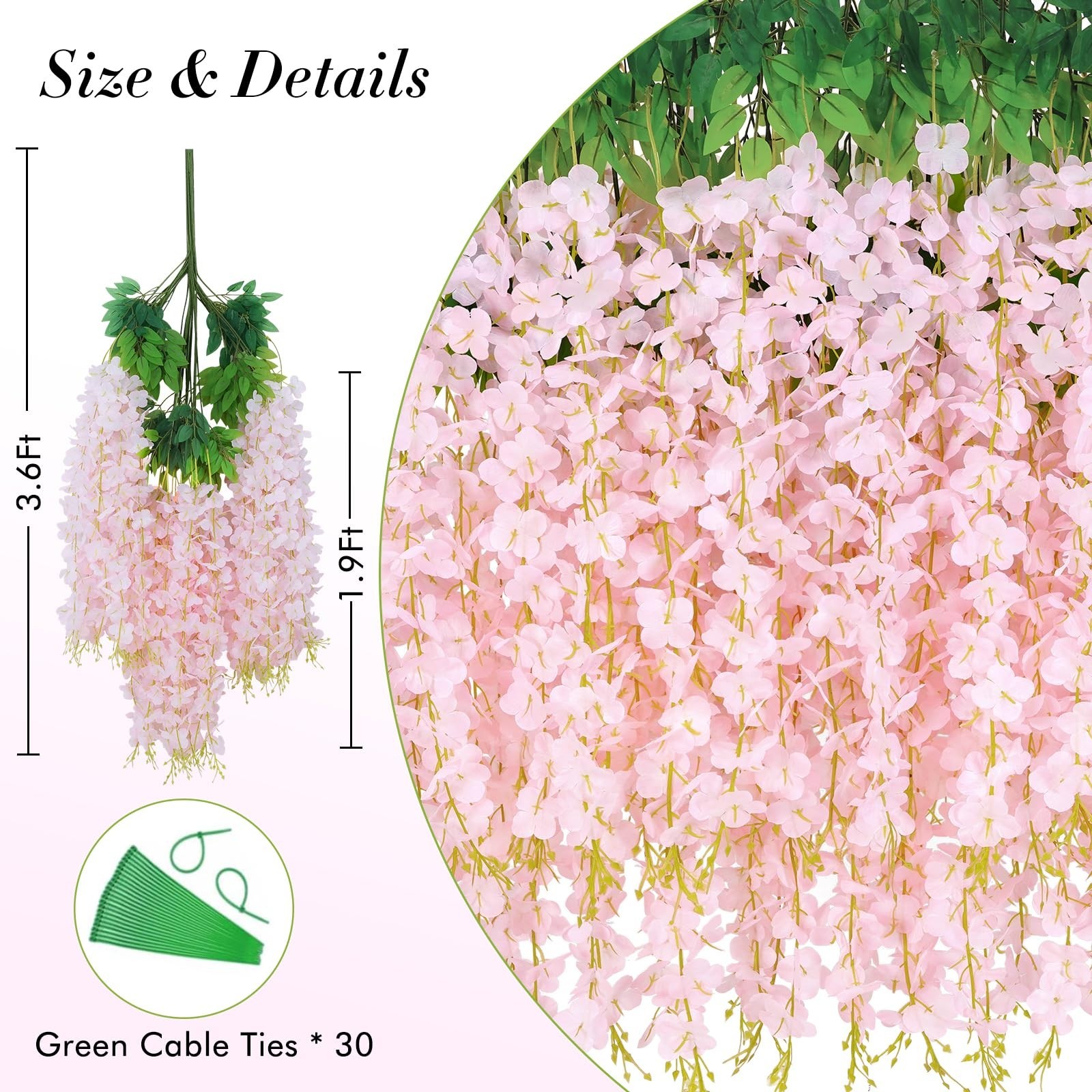 12 Pack Light Pink Artificial Wisteria Flowers, 3.6ft Fake Vines for Home Weddin