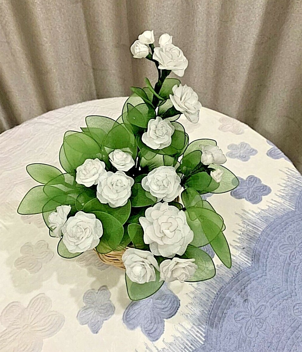 1Set Jasmine Flower & Rattan Vase Thai Cherry Nylon Fabric Artificial Handmade