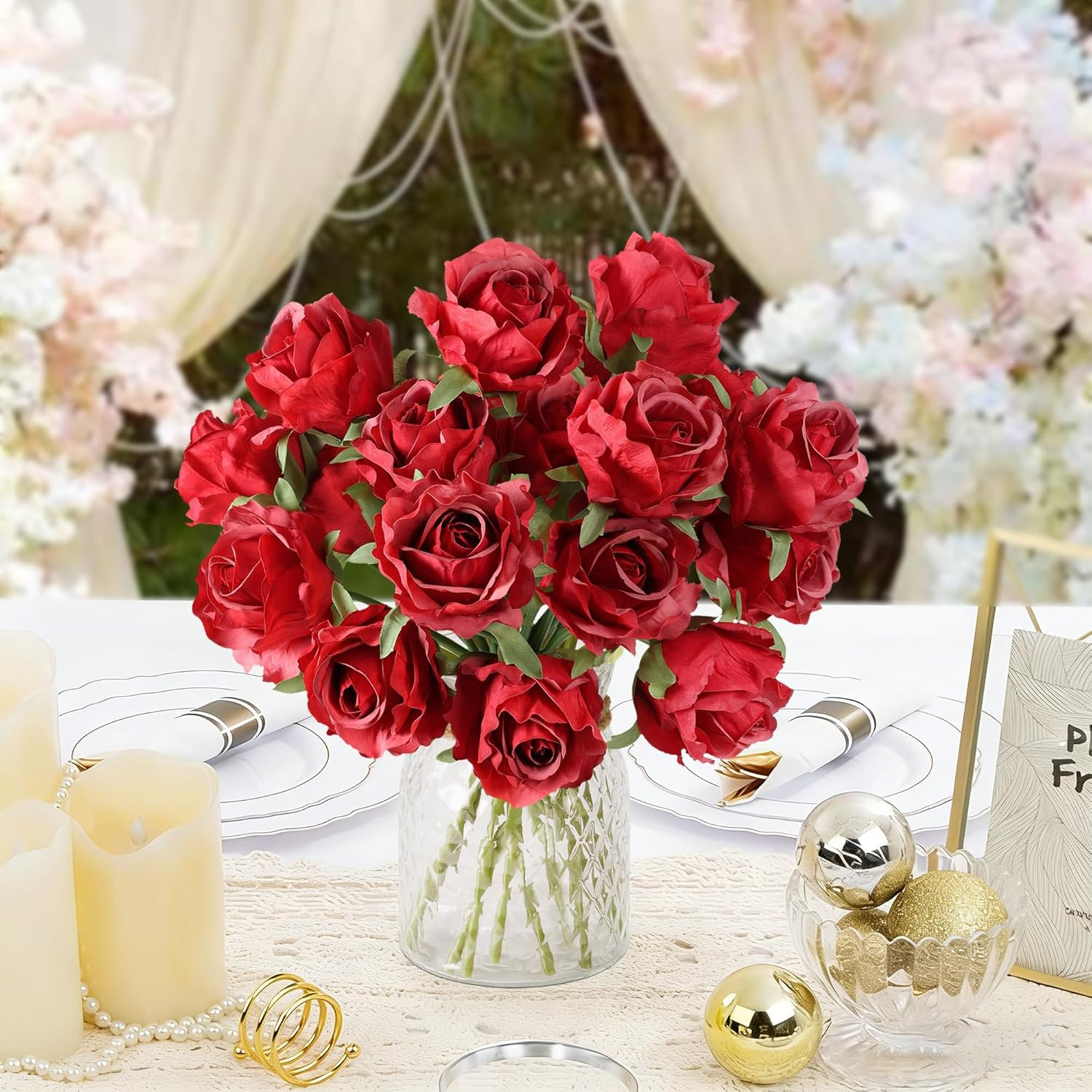 18-Piece Realistic Red Silk Roses Bouquet for Home, Weddings, and Gifts