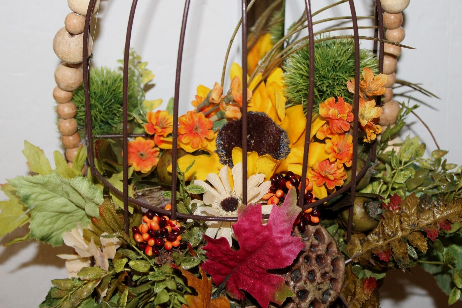 FALL AUTUMN FLOWER ARRANGEMENT BIRD CAGE CENTERPIECE 15”