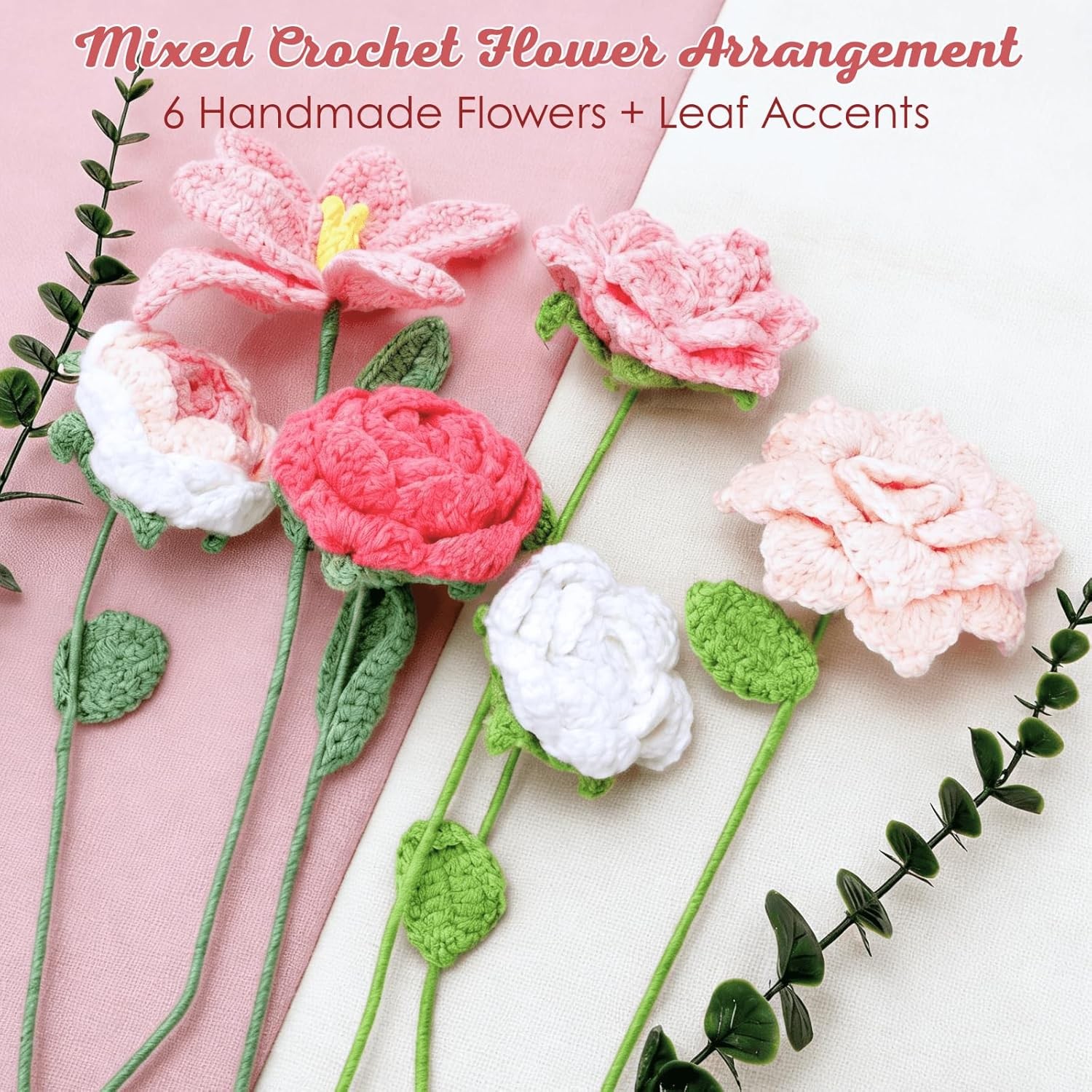 Youeon Pink Crochet Flower Bouquet, Handmade Knitted Yarn Rose Flowers with Gift