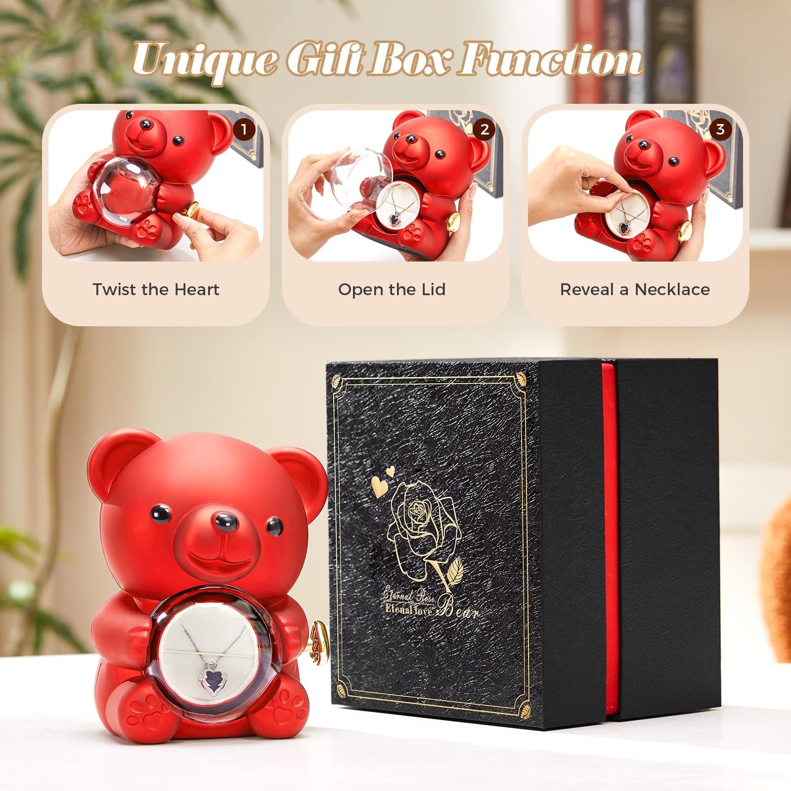 Romantic Teddy Red Bear with Preserved Rose – Real Rose in Elegant Black Gift…