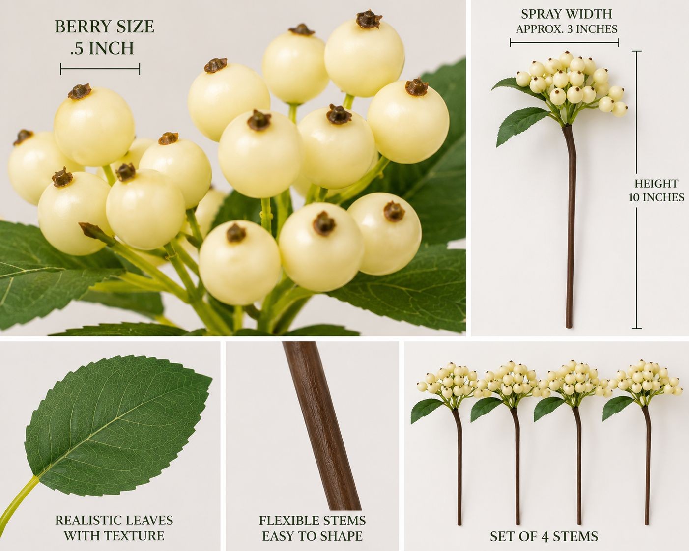 Artificial Ivory Berry Stems Set of 4 Faux White Berry Picks Winter Berry Stems
