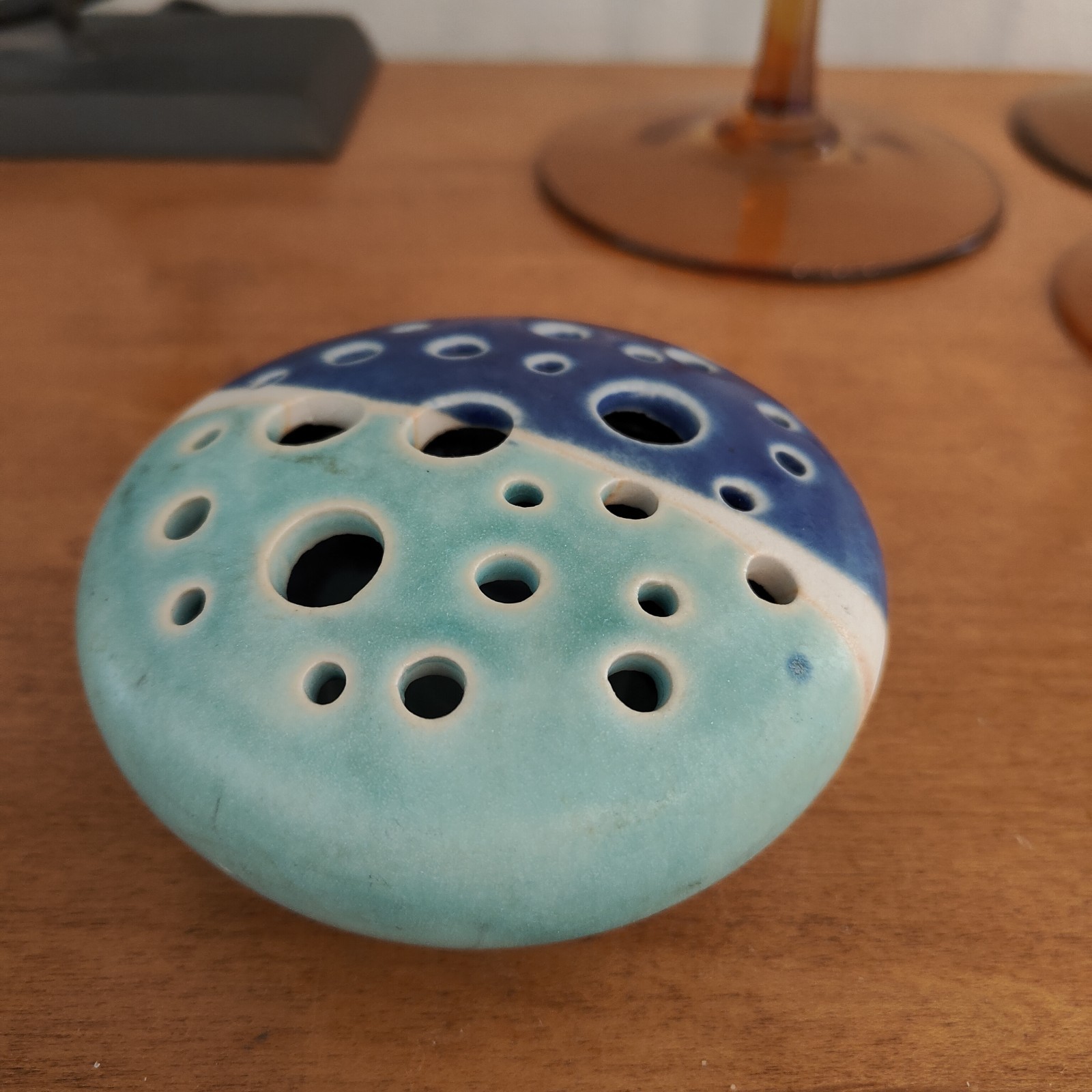 Töpferei Velte Allgau Germany Art Pottery Vase Flower Frog Handmade Blue Aqua