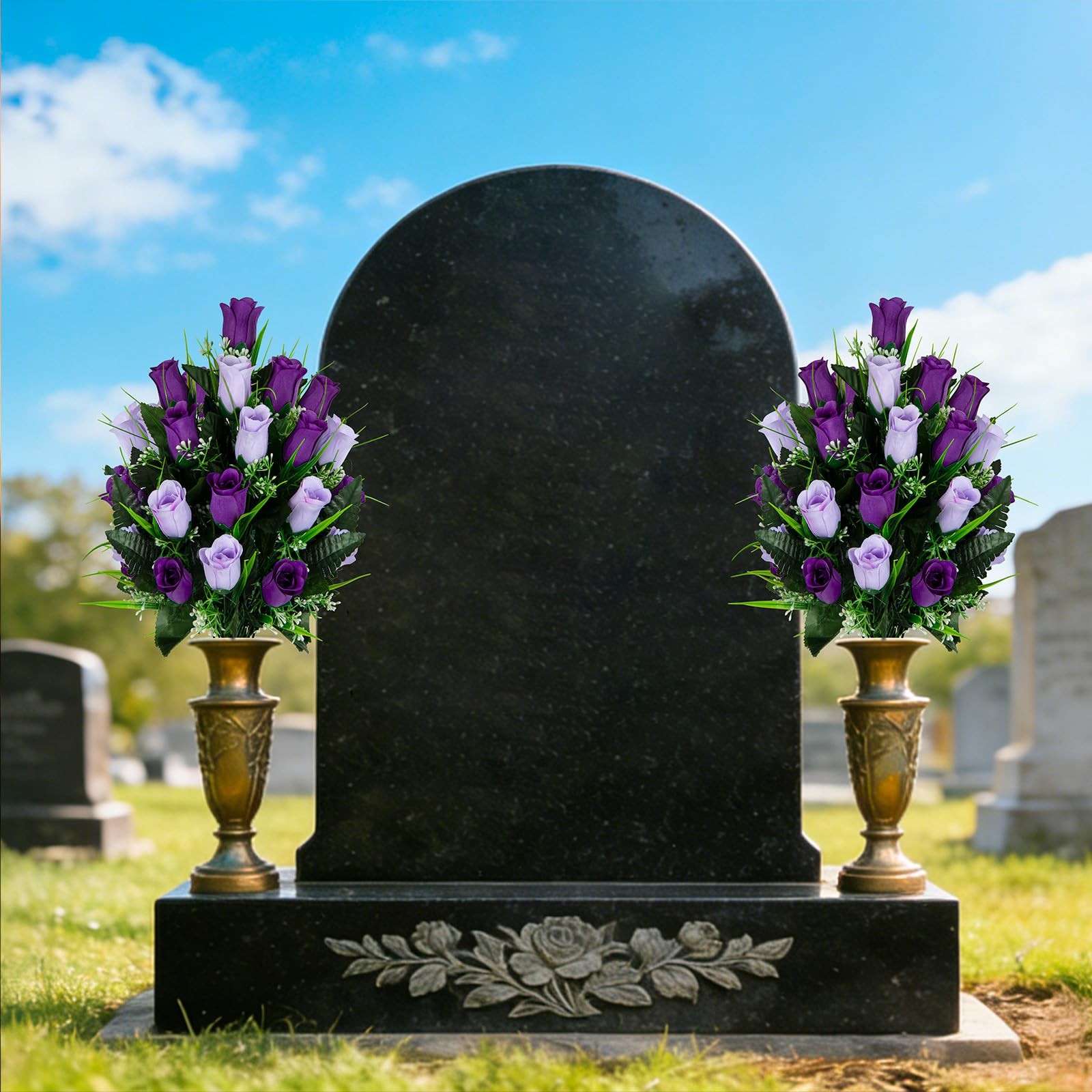 Artificial Cemetery Flowers – Set of 2 Grave Memorial Rose Flowers with Vase …
