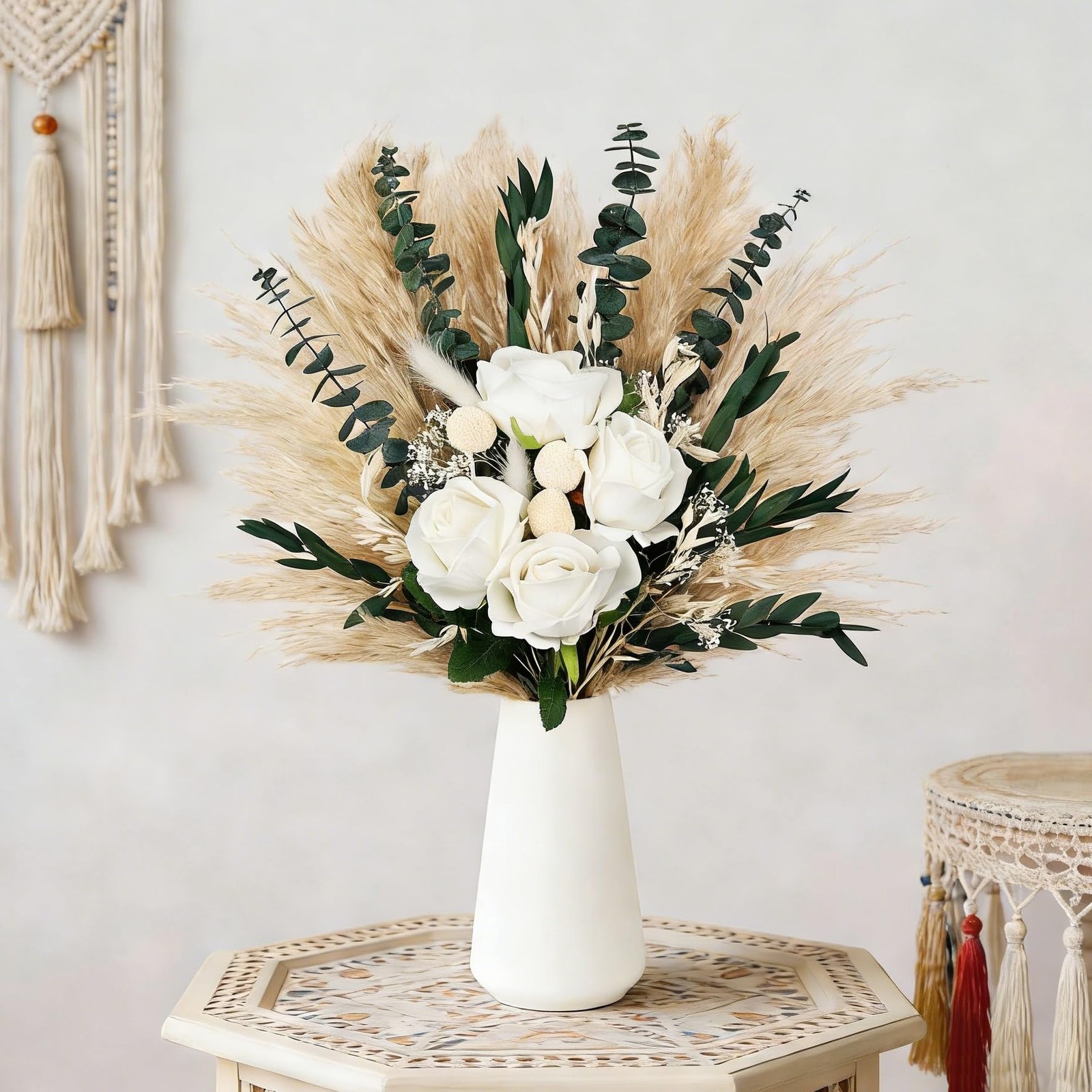 Begie Pampass Grass with Fake Roses Fluffy Dried Flowers with Eucalyptus Stem…