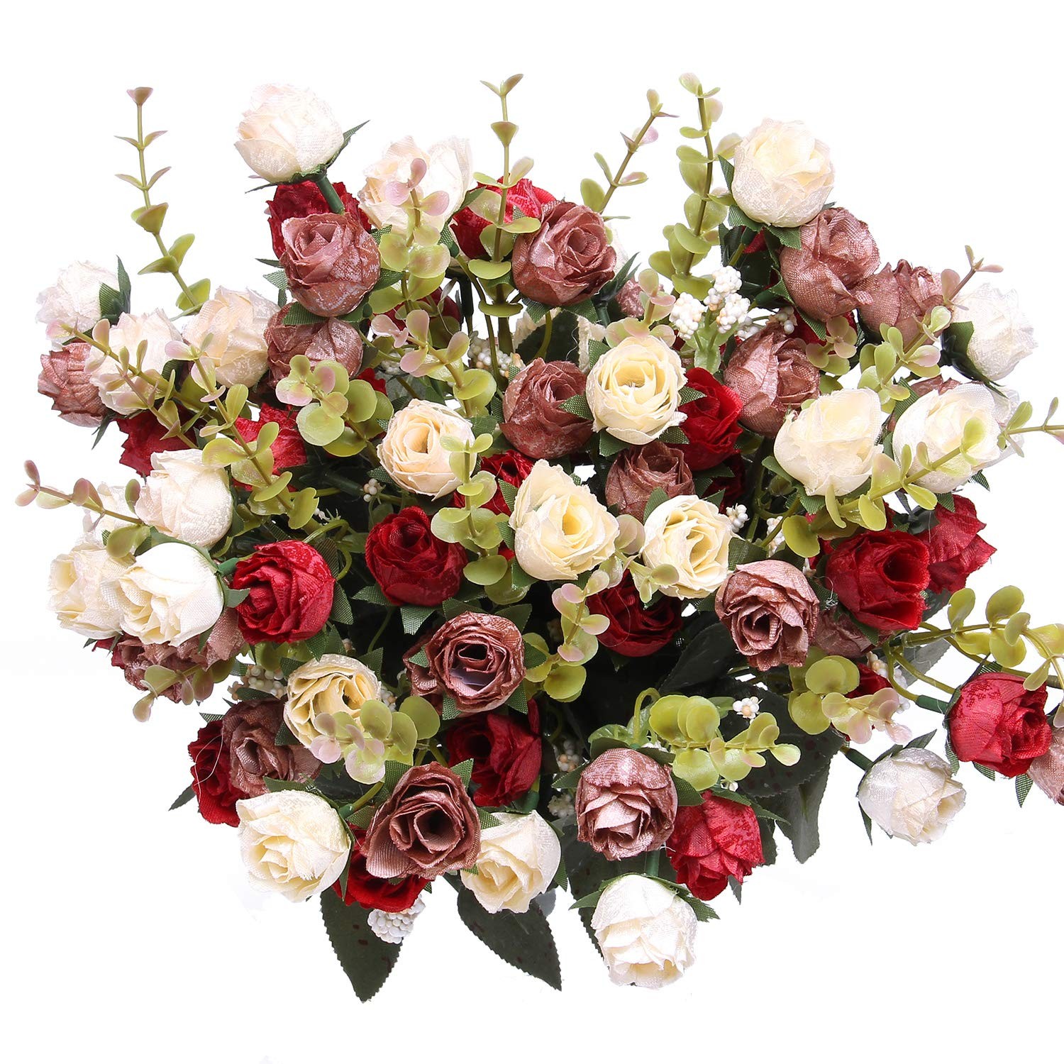 Red 21 Heads Artificial Silk Mini Rose Flower Bouquet Bridal Centerpiece 4 PCS