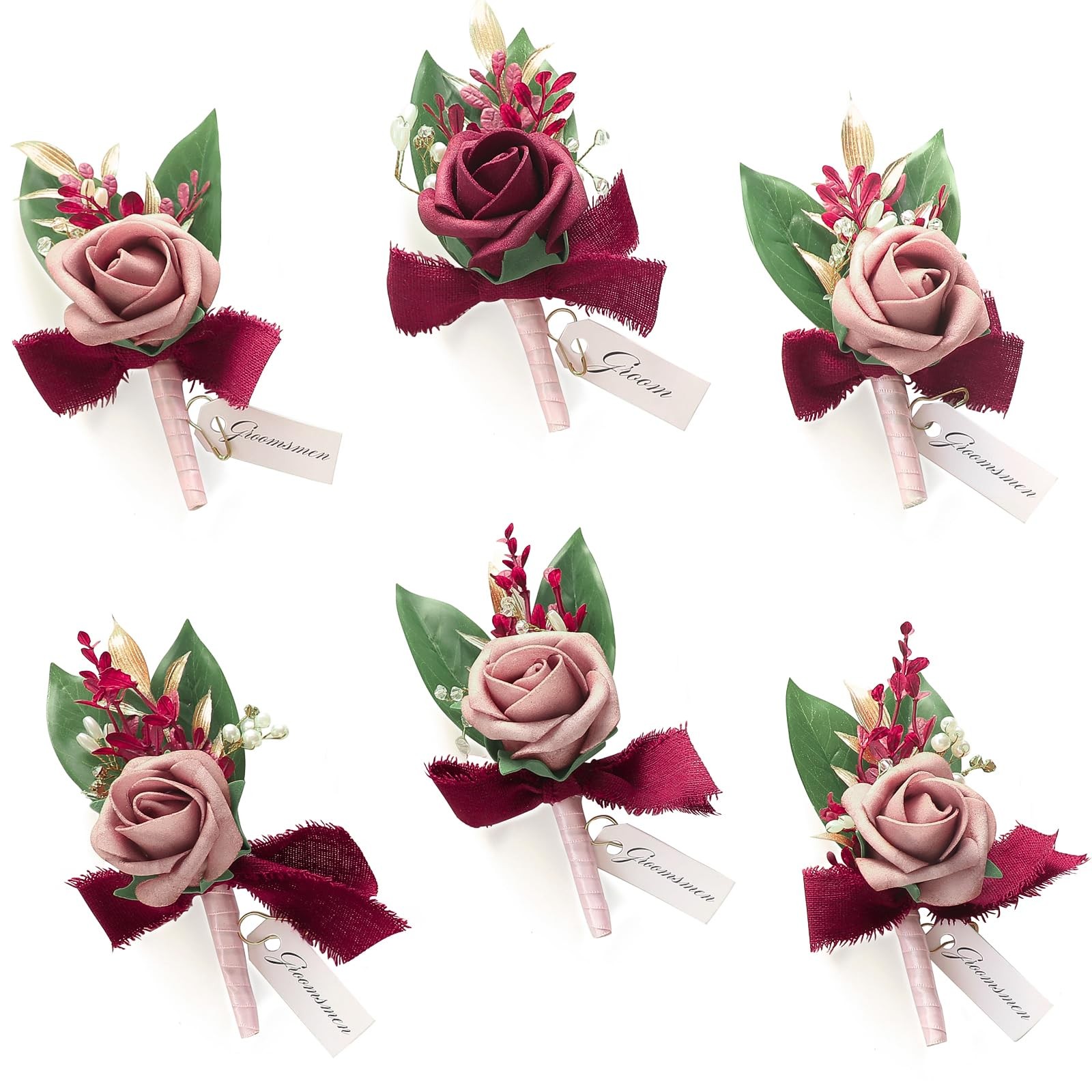 6 PCS Dusty Rose Burgundy Foam Boutonnieres With Pins Men Wedding Groomsmen
