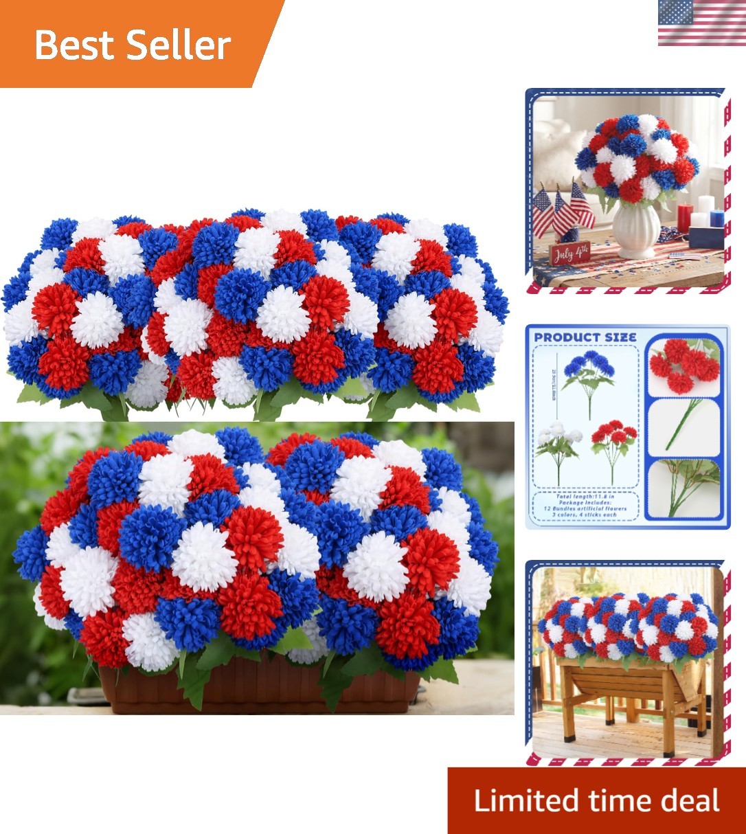Vibrant 12-Piece Patriotic Chrysanthemum Flower Set for 4th of July Celebrations