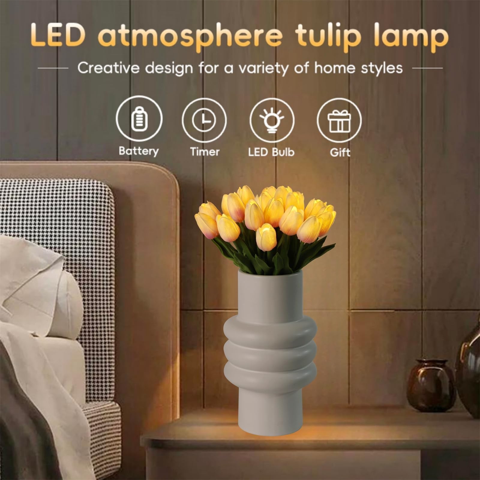20pcs LED Tulip Night Light – Real Touch Artificial Flower Bouquet Home Decor