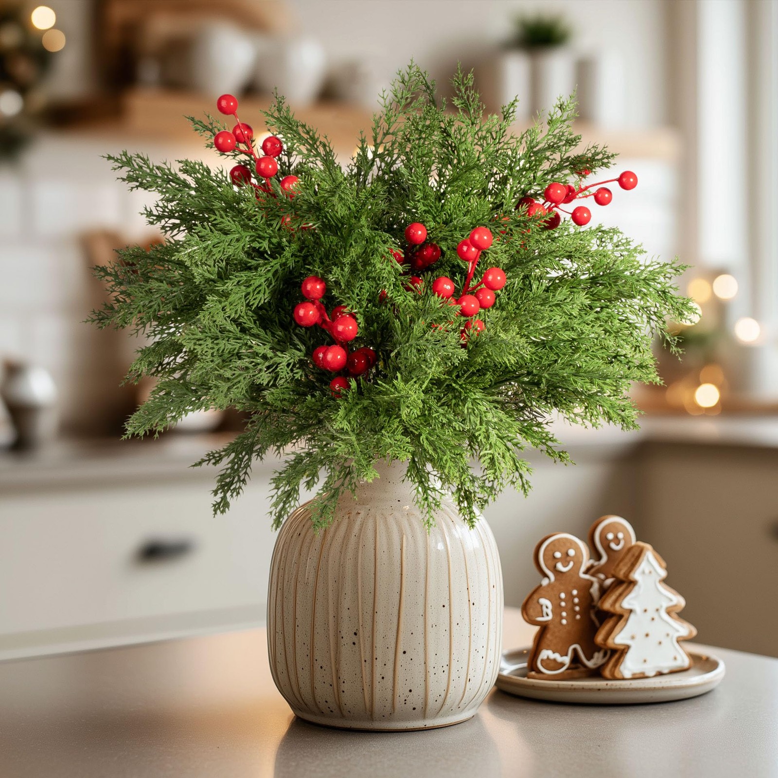 Artificial Christmas Norfolk Pine Stems with red Fruit 6PCS Fake Branches for…