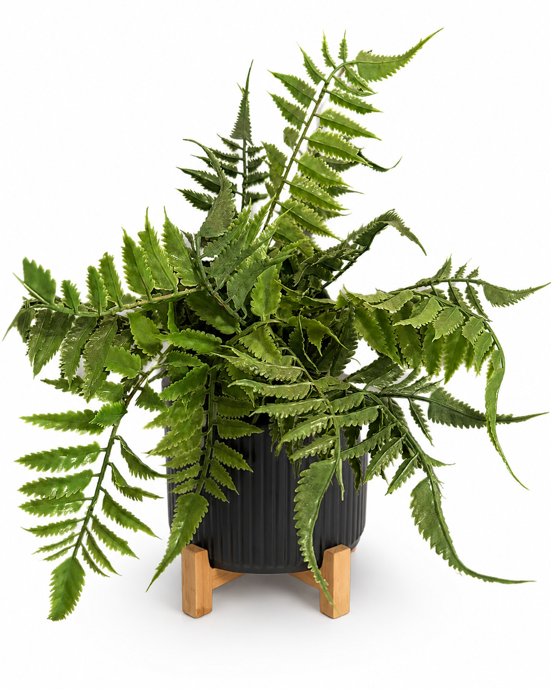 Faux Fern Plant in Black Ribbed Pot with Wooden Stand Artificial Greenery Decor