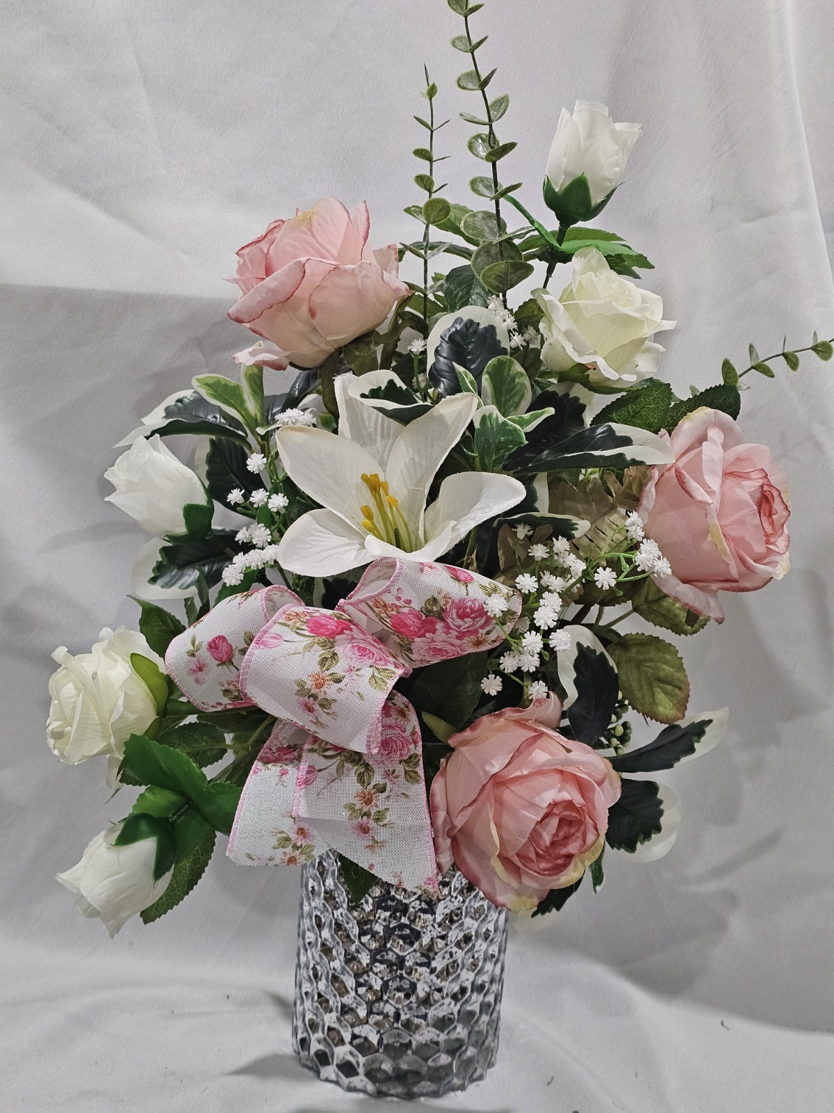 Pink Peoniesm, Roses and Lily Artificial Flowers with Baby Breath Accent