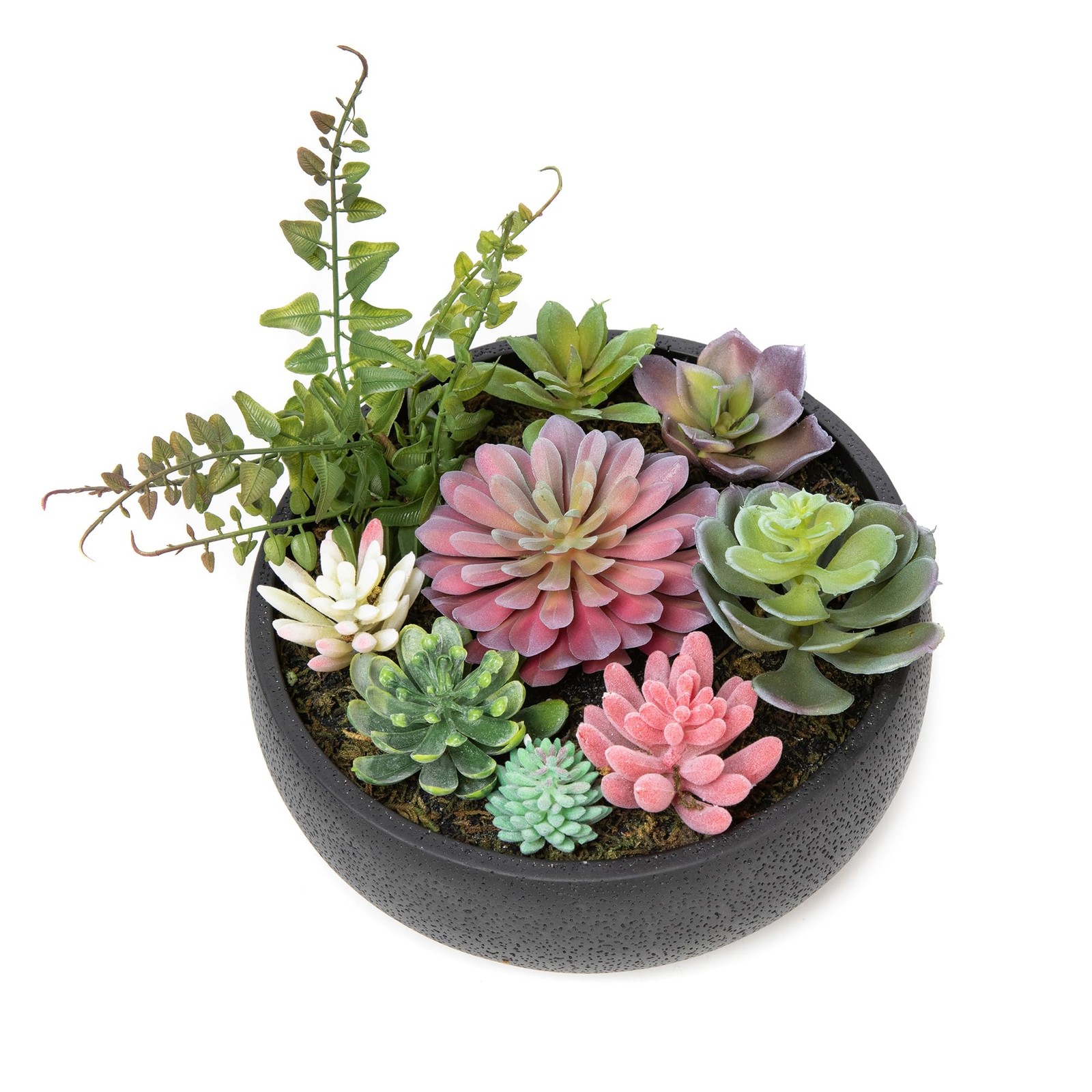 8 Inch Round Modern Artificial Succulent Plant Arrangement Black Planter