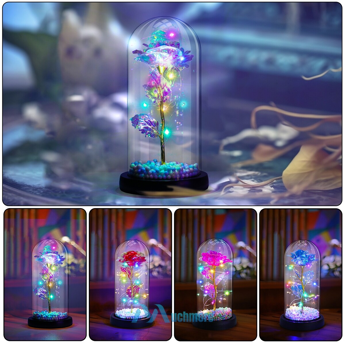 Light up Rose Flower in Glass Dome with RGB LED Lights Gift for Birtday Wedding