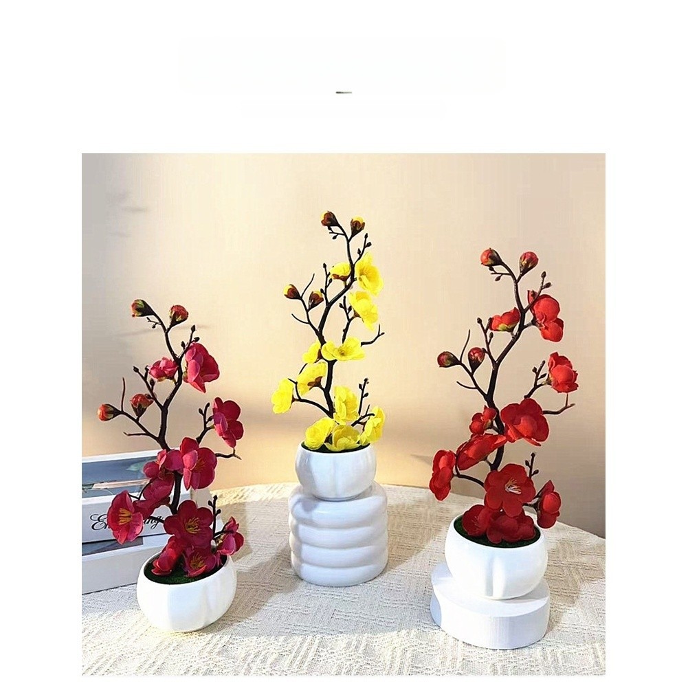 Artificial Plum Blossom Bonsai in White Cup for Living Room Bedroom Decor