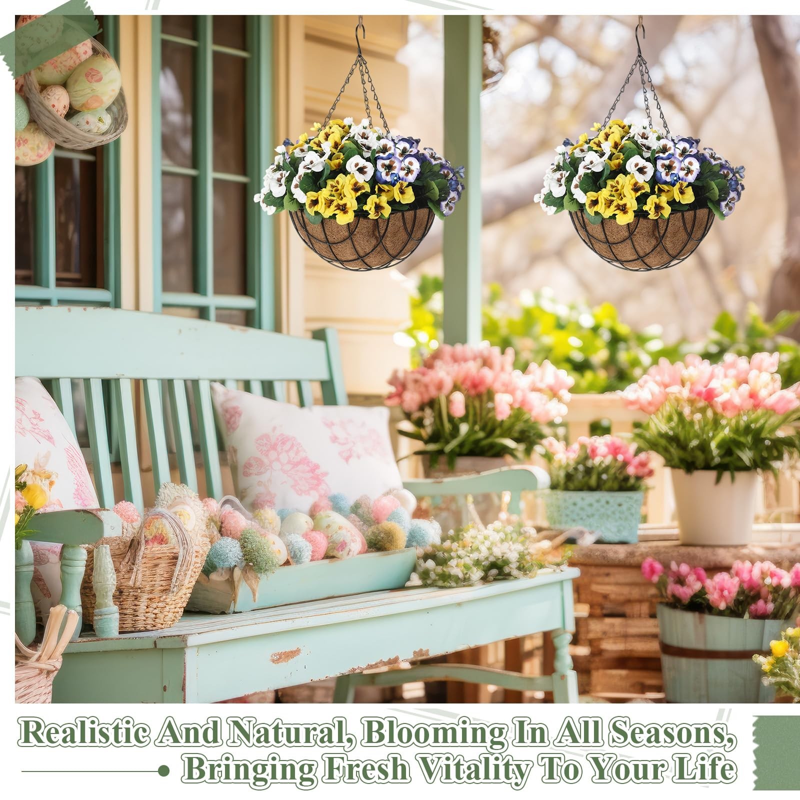 2 Set Artificial Hanging Pansy Flowers with Baskets UV Resistant Faux Silk Pa…