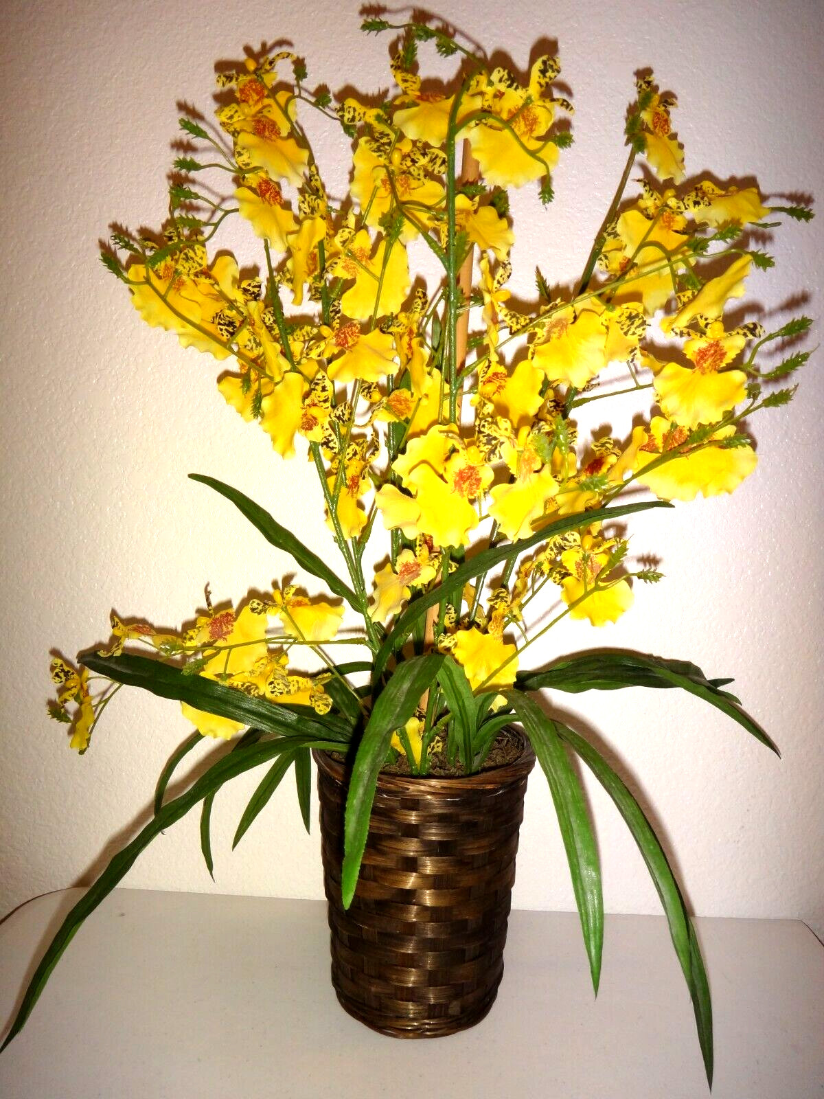 Decorative Artificial Yellow Flowers in Wood Basket Floral Décor Height 22″