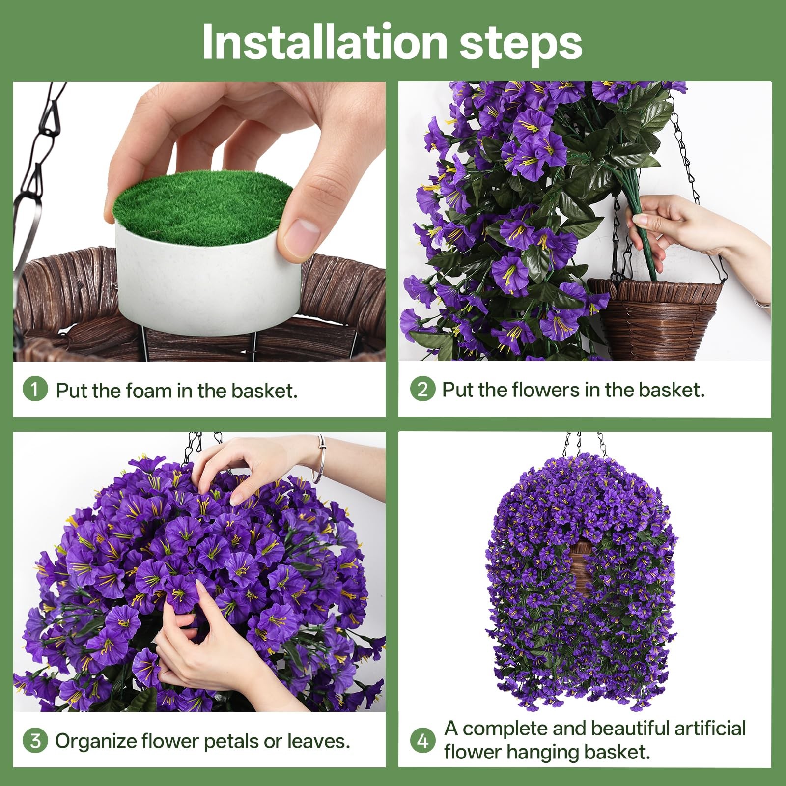 Artificial fake hanging flowers Basket for Outdoor Decor, 4PCS UV Resistant F…