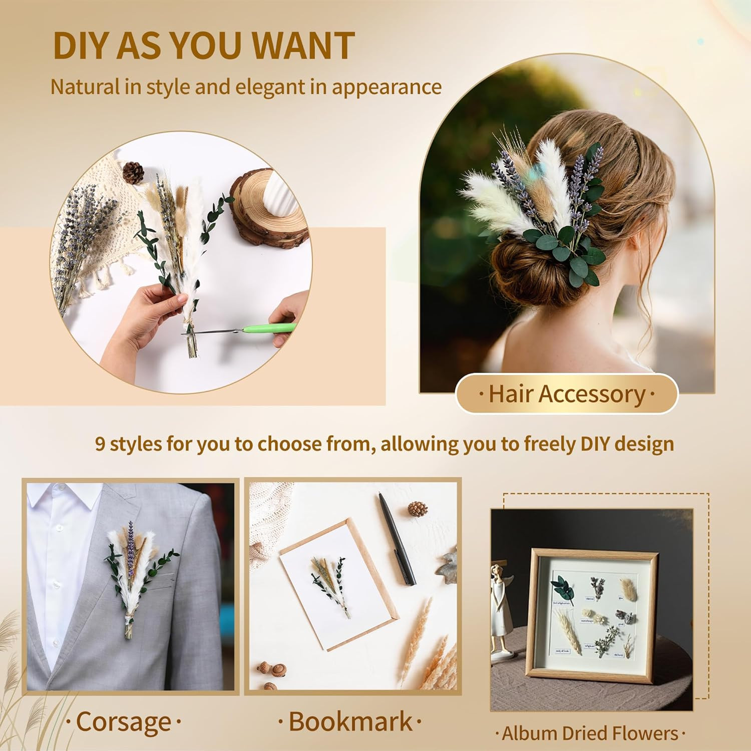 Dried Pampas Grass Bouquet – 92 Pcs 11-13 Inch Pampas Grass Decor with Bunny Tai