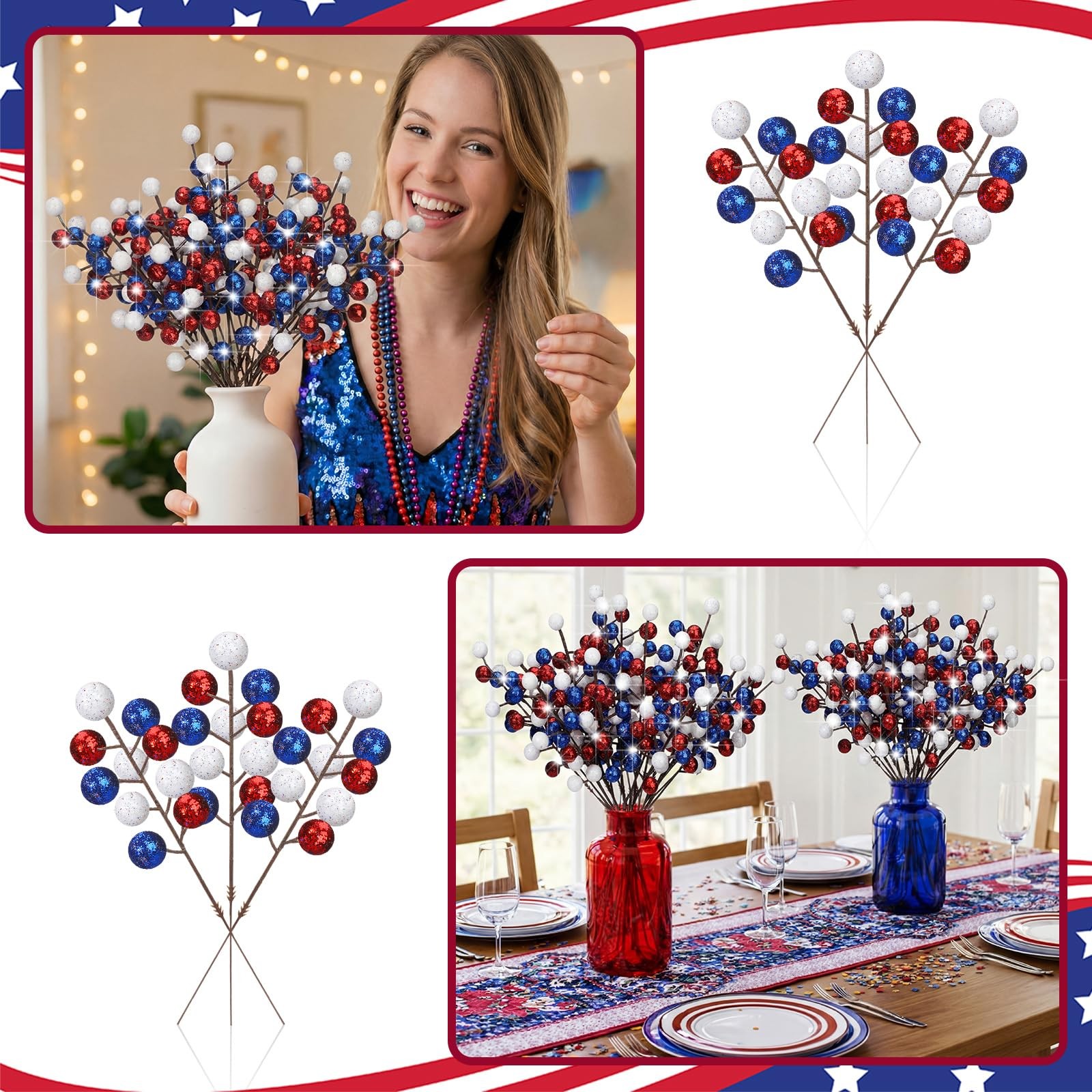 24 Pcs 9.3 Inch 4th of July Glitter Patriotic Ball Picks Red White Blue Berry…