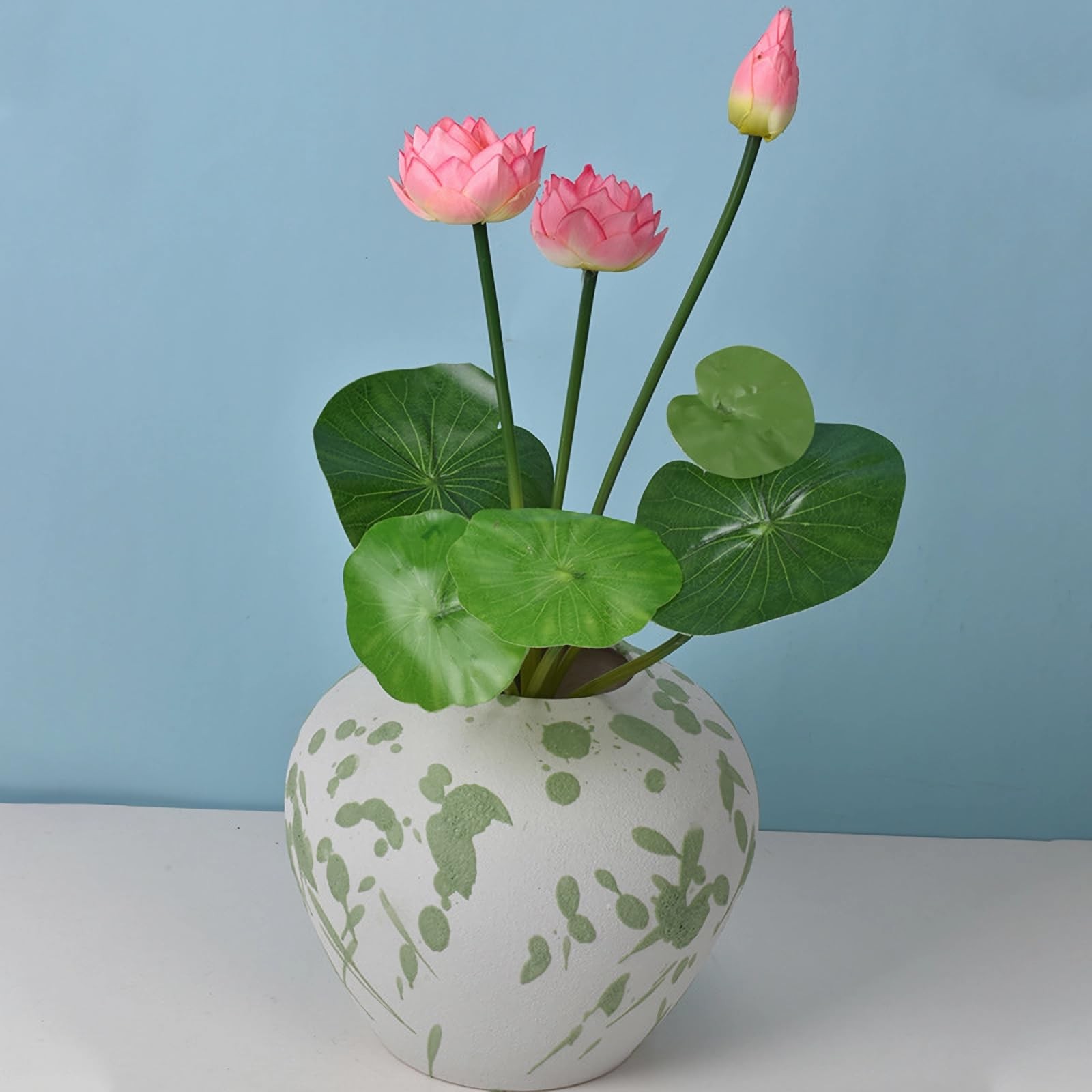 4pcs Artificial Lotus Flowers with Leaves 17″ Pink Fake Water Lily Bouquets f…