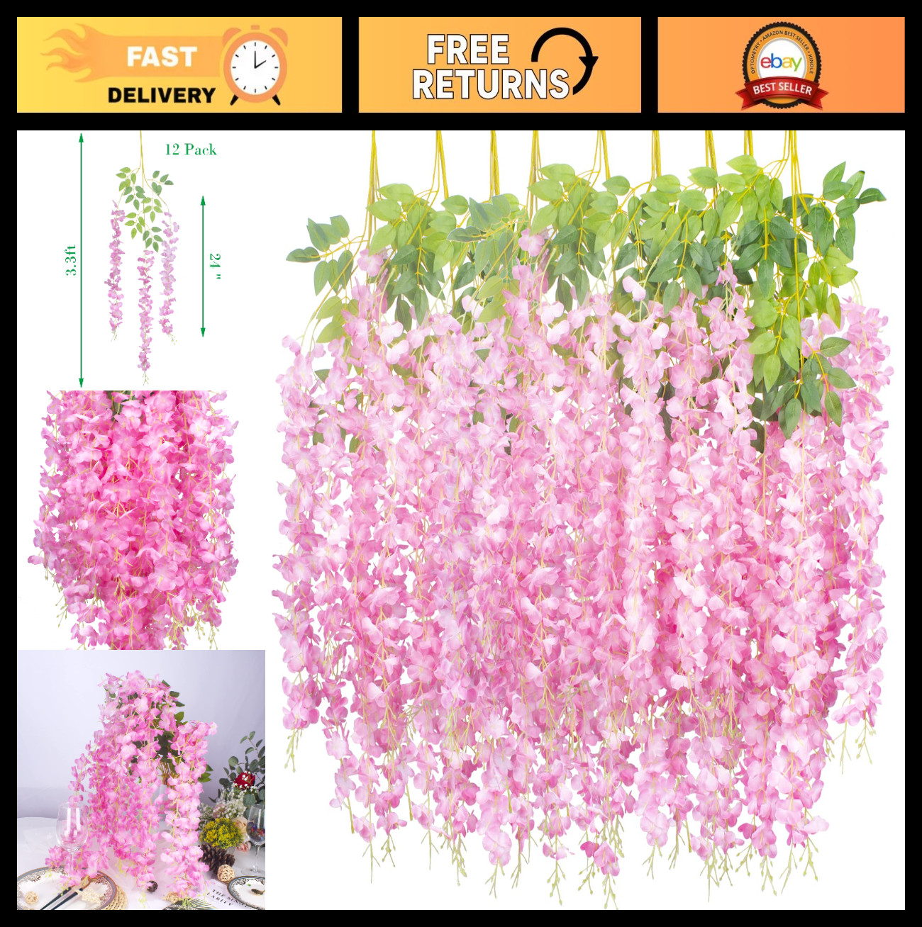 12 Pack Silk Wisteria Vine Hanging Flowers – Artificial Pink Floral Decor