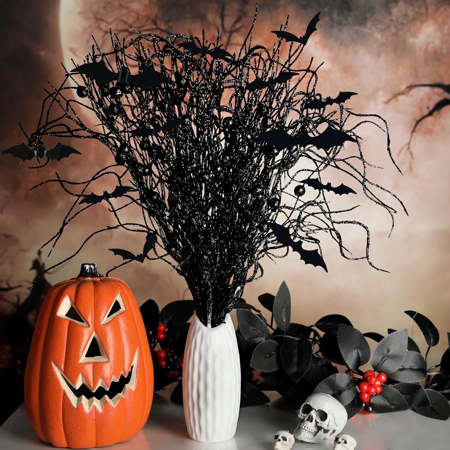 16 Pcs Artificial Halloween Branches Picks Ornaments with 12 Pcs Bats- Fake B…