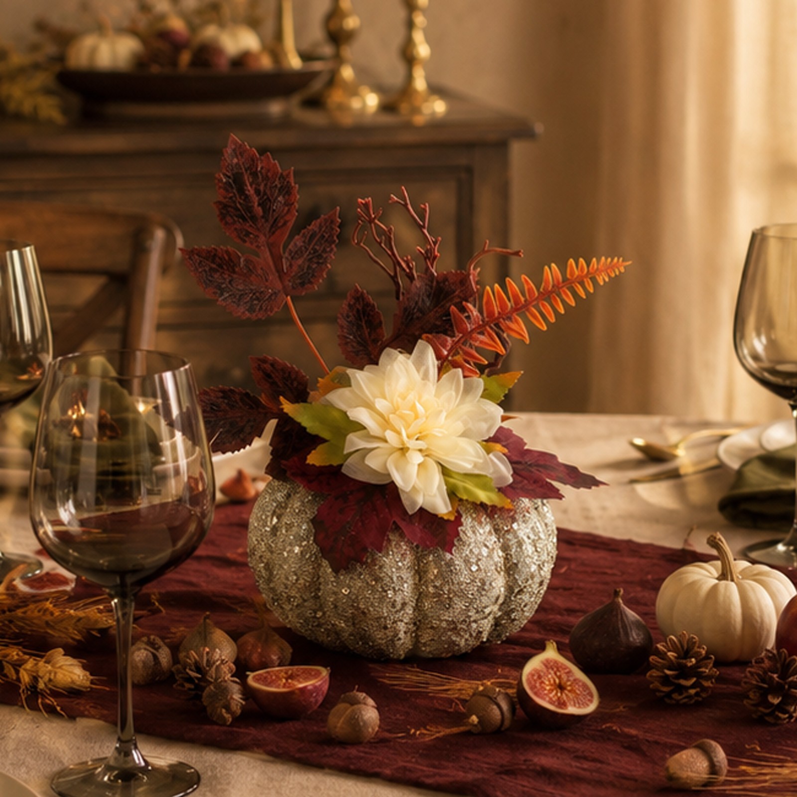 Table Centerpiece: Glitter Pumpkin with Silk Dahlias and Printed Leaves