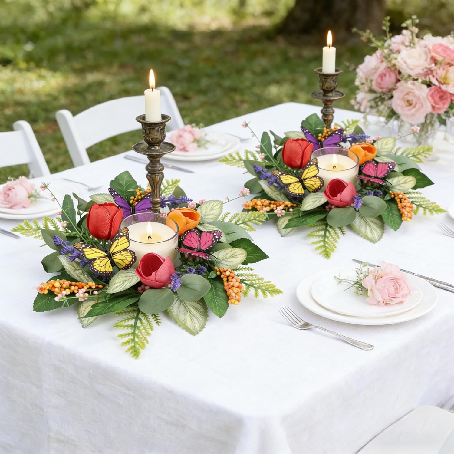 4 PCS Summer Lavender Tulips Candle Rings Wreaths Artificial Floral Pillar