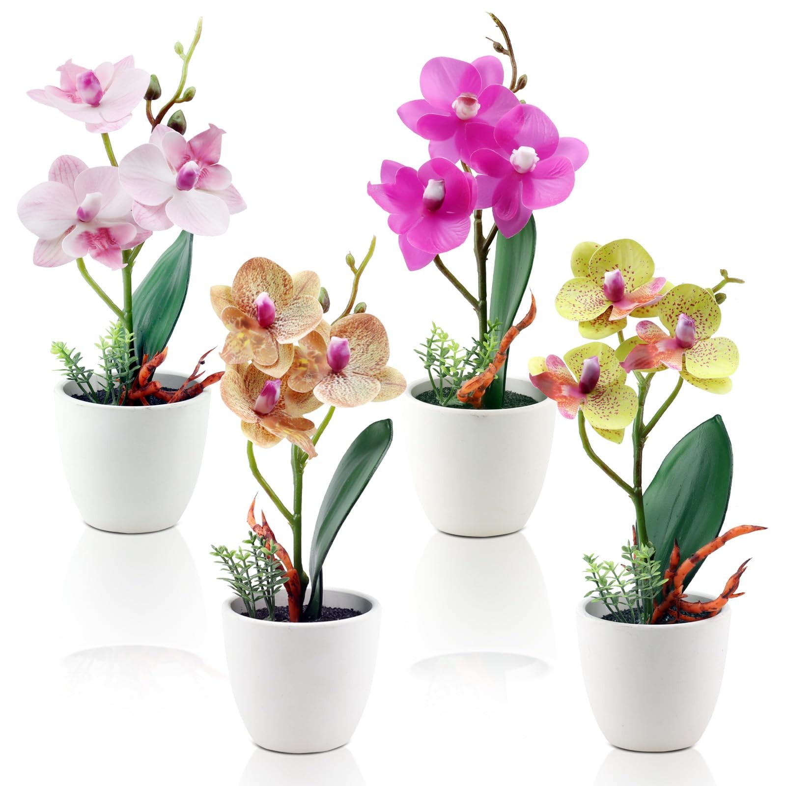 4 PCS Artificial Flowers Orchid Fake Phalaenopsis Small Potted Plant Vase