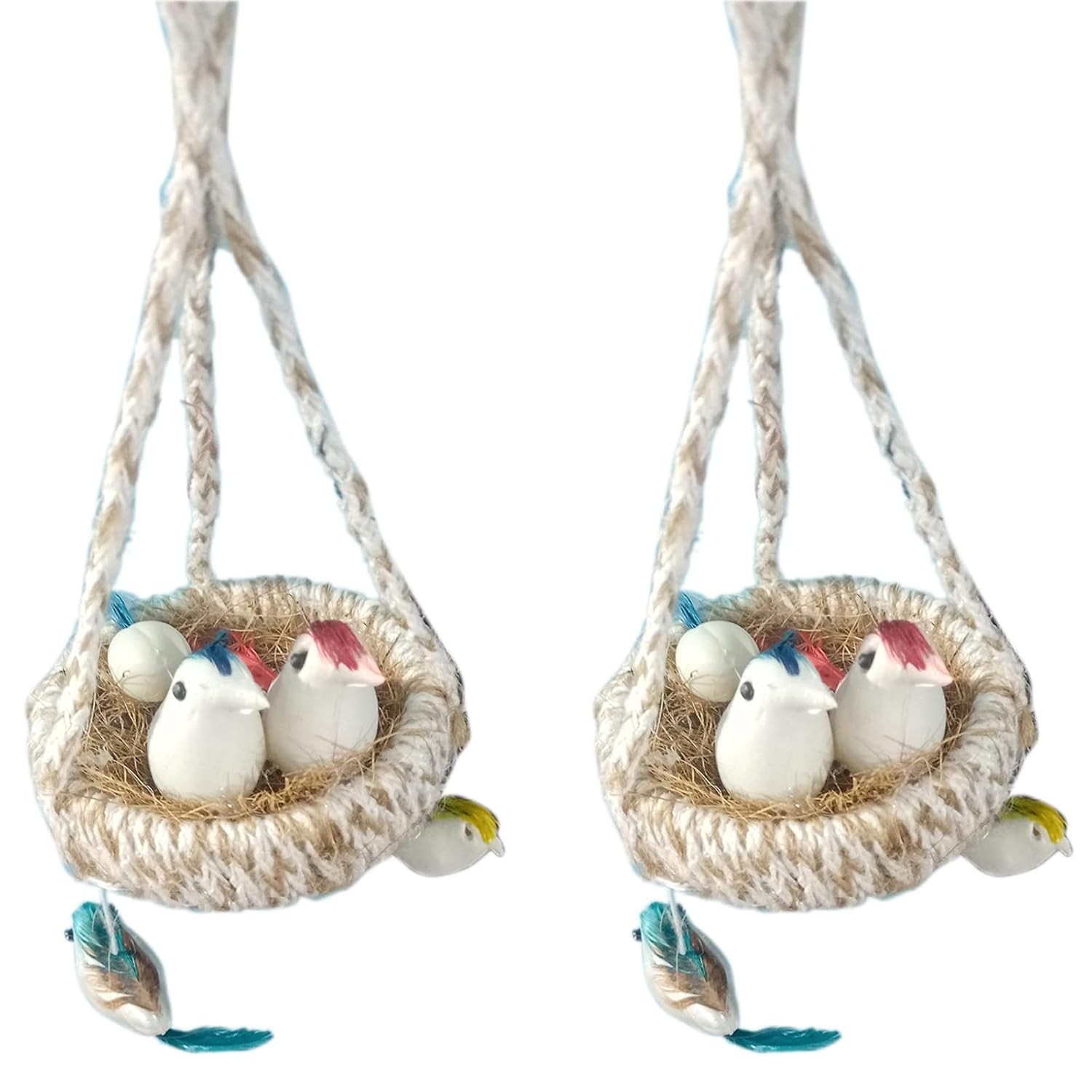 2 pcs Artificial Jute Hanging Birds with Hanging Nest Jhumar Showpiece for Home