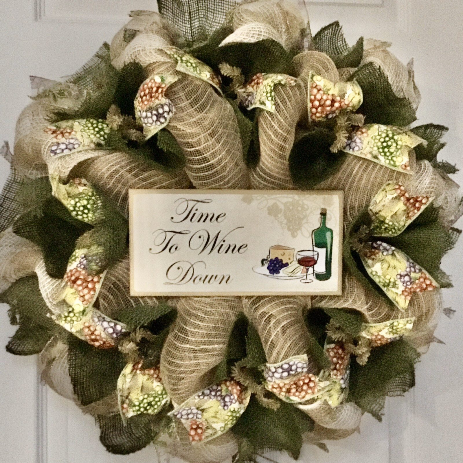 Time to Wine Down Handmade Deco Mesh Burlap Wreath