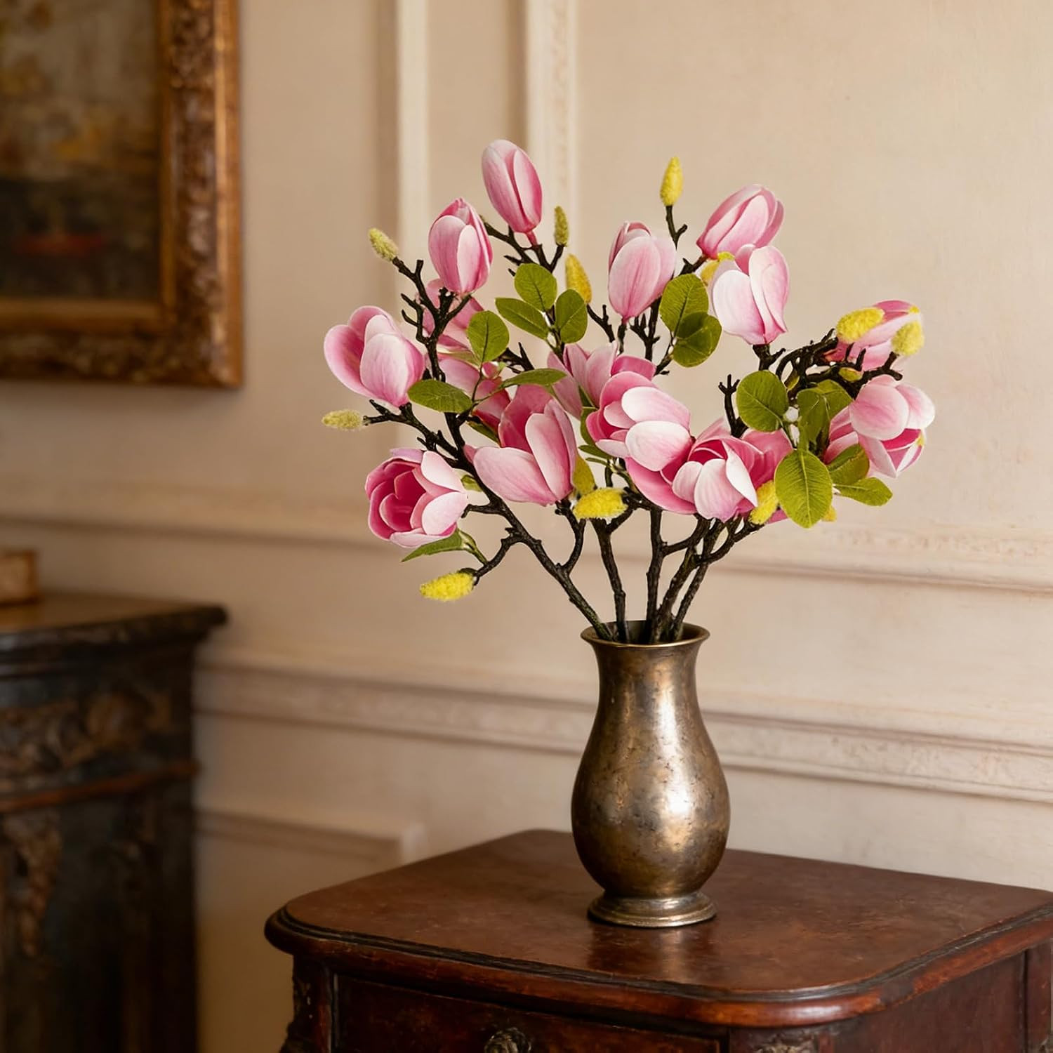 6 PCS 27″ Faux Magnolia Flowers – Realistic Light Pink Floral Decor for Home & E