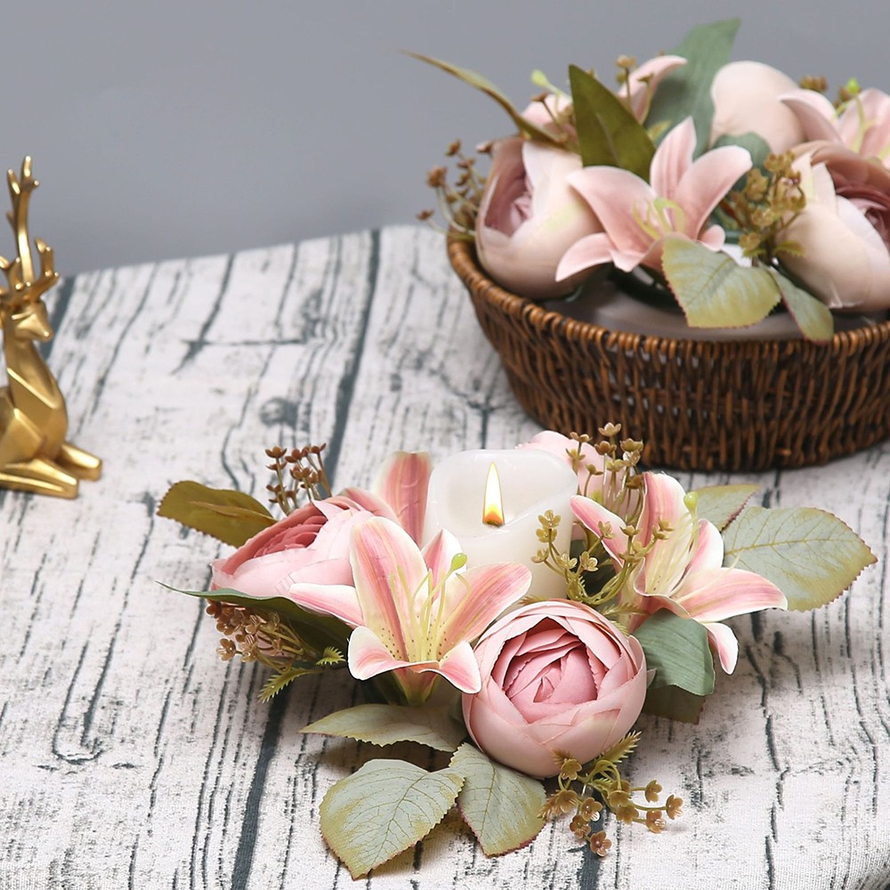 2 Pcs Artificial Flower Candle Ring Wreath for Pillar Candle Table Centerpiece