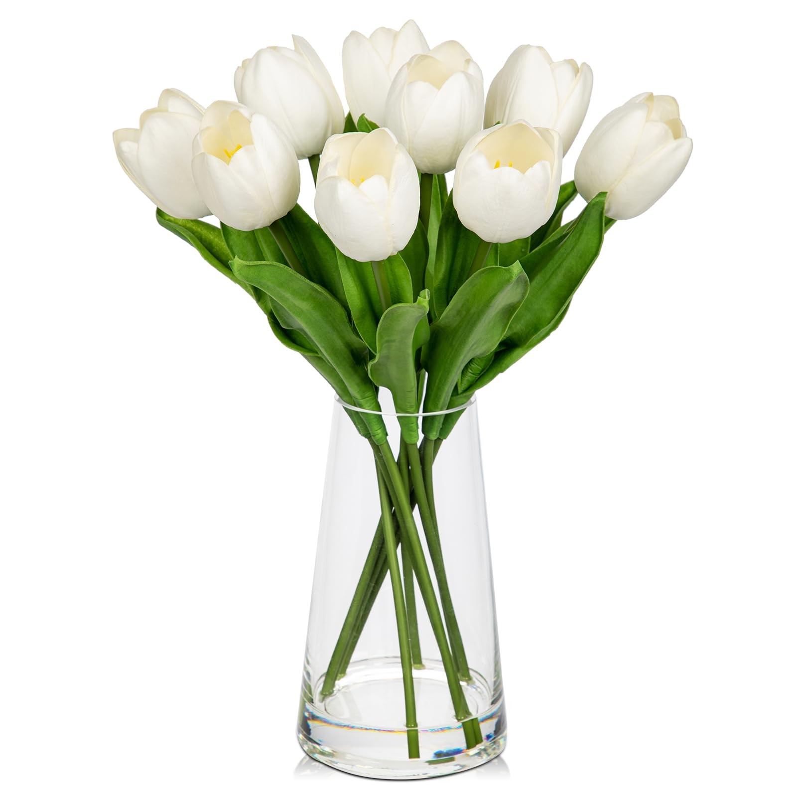 Fake Tulips Artificial Tulip Flowers in Glass Vase with Faux Water, 14.2″ Rea…